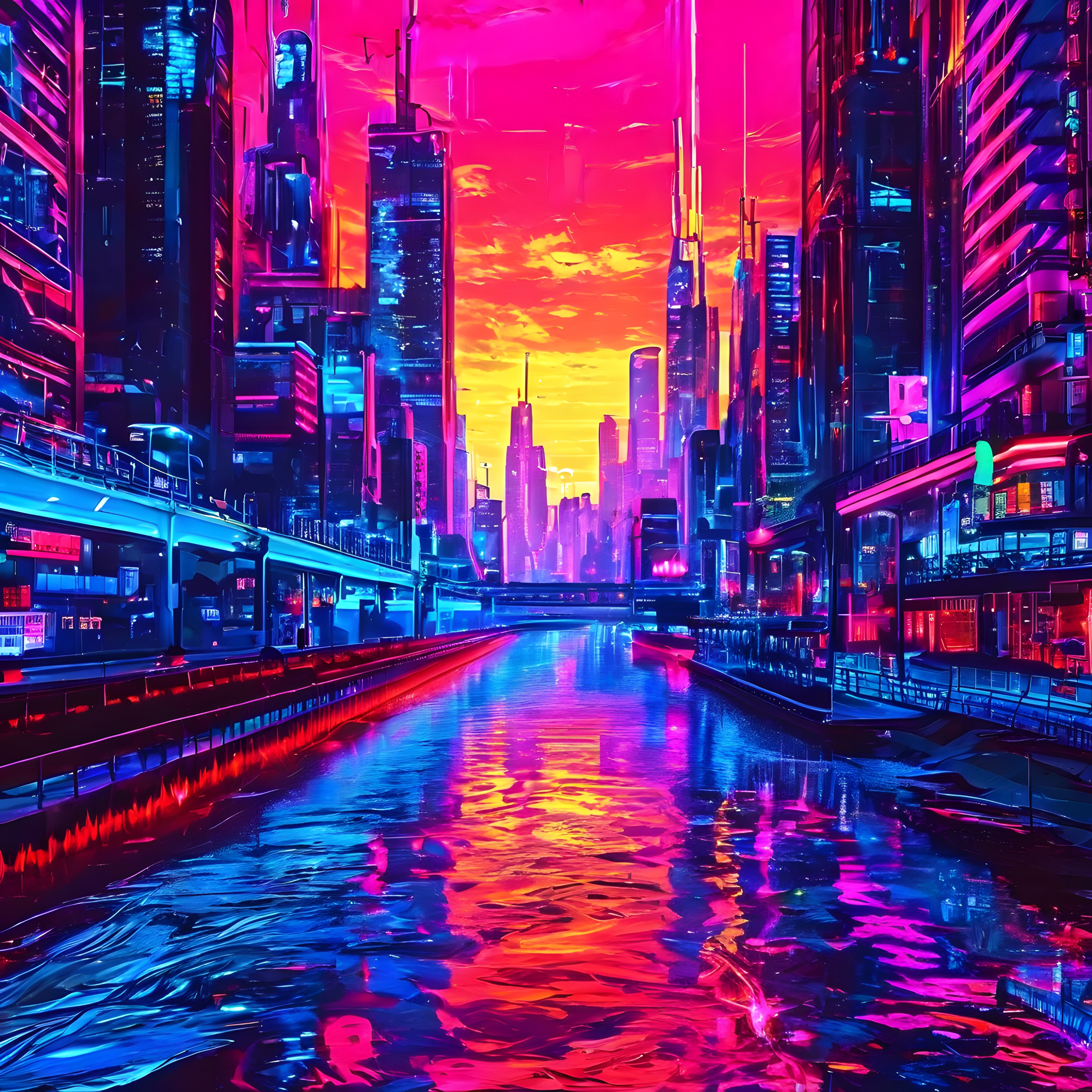 Cyberpunk Şehir Manzarası, Kanal Üzerinde Neon Yansımalar ve Gün Batımı