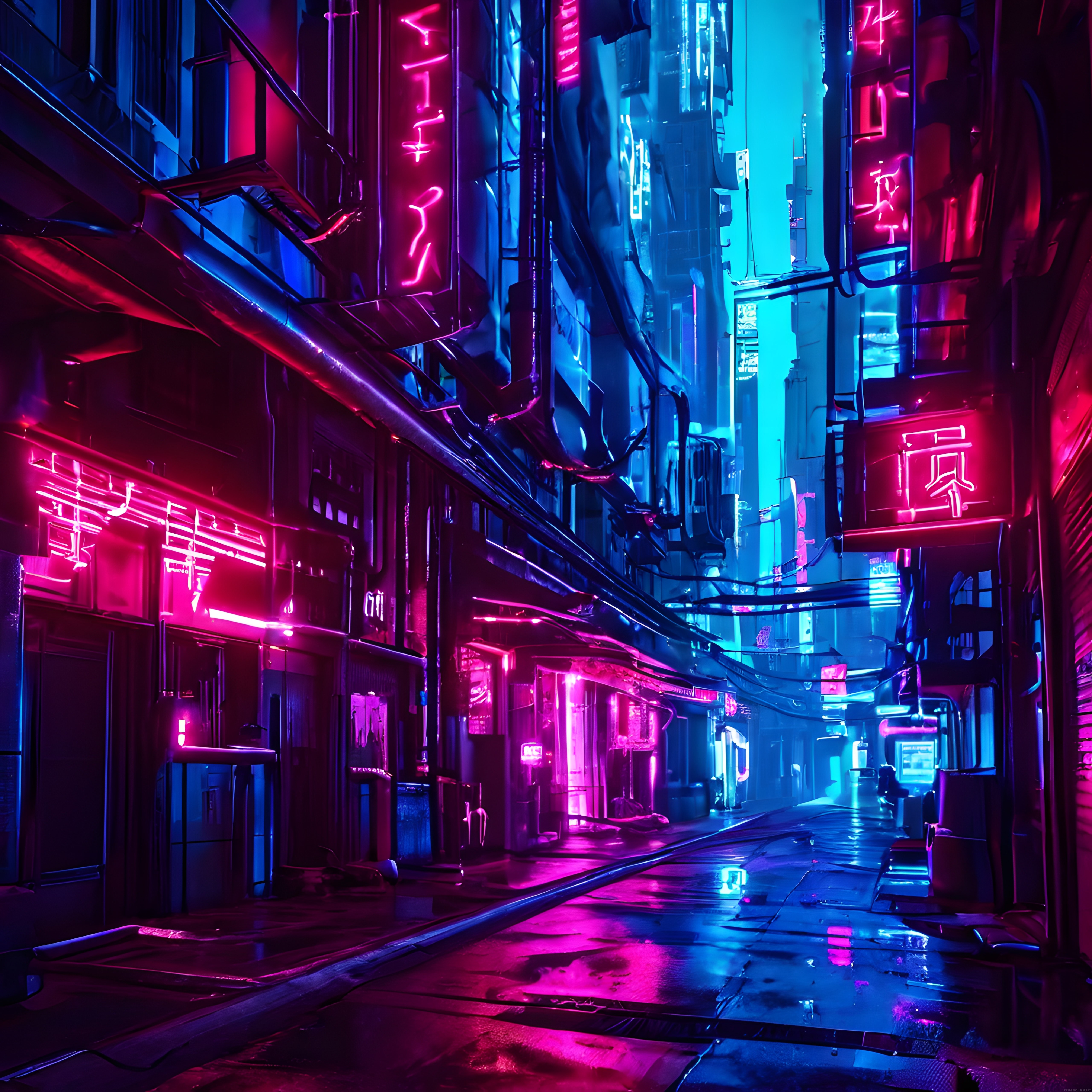 Cyberpunk Şehir Manzarası: Yağmurlu Gecede Neon Işıklı Dar Sokak