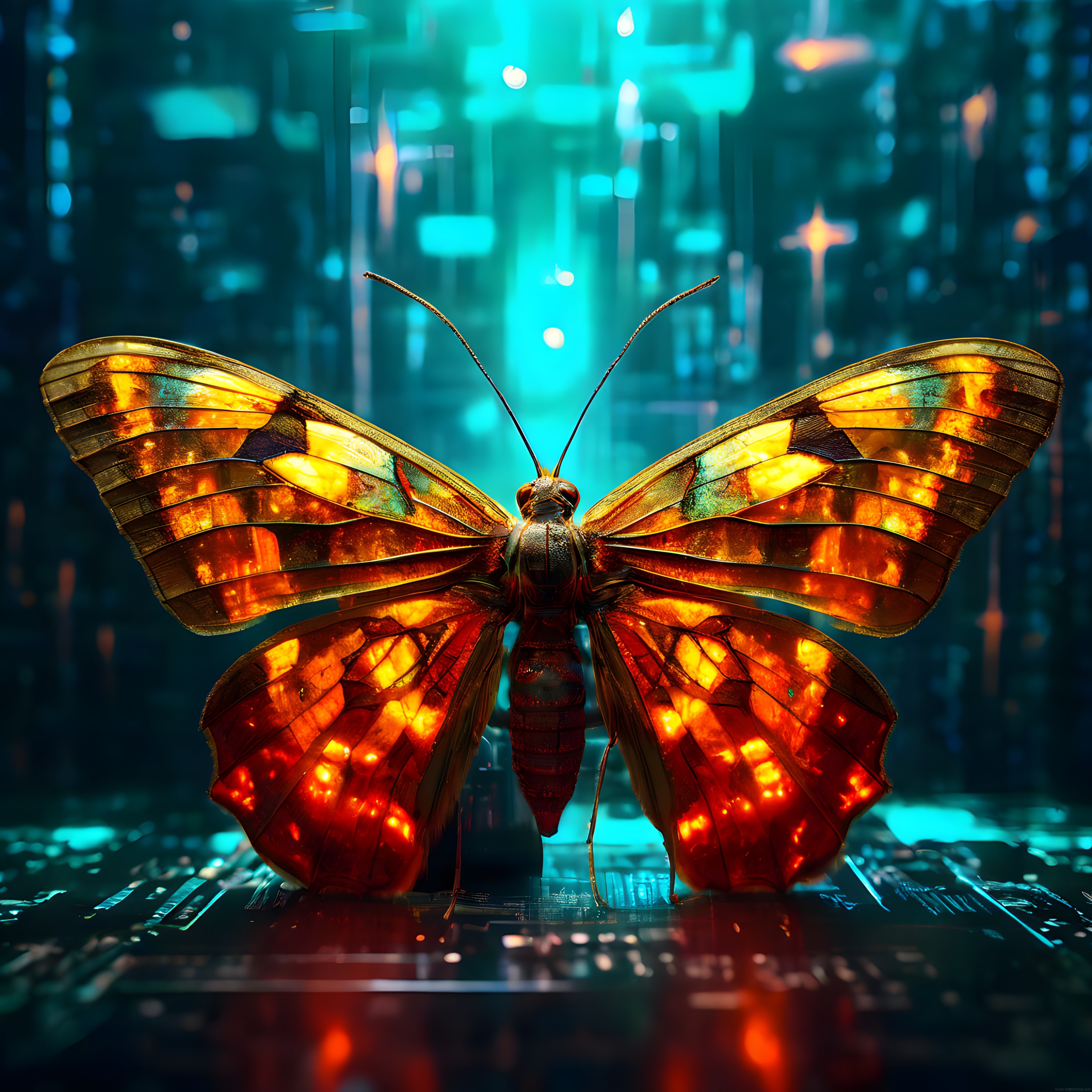 Cyberpunk şehir manzarasında parlayan metalik kelebek dijital sanat eseri