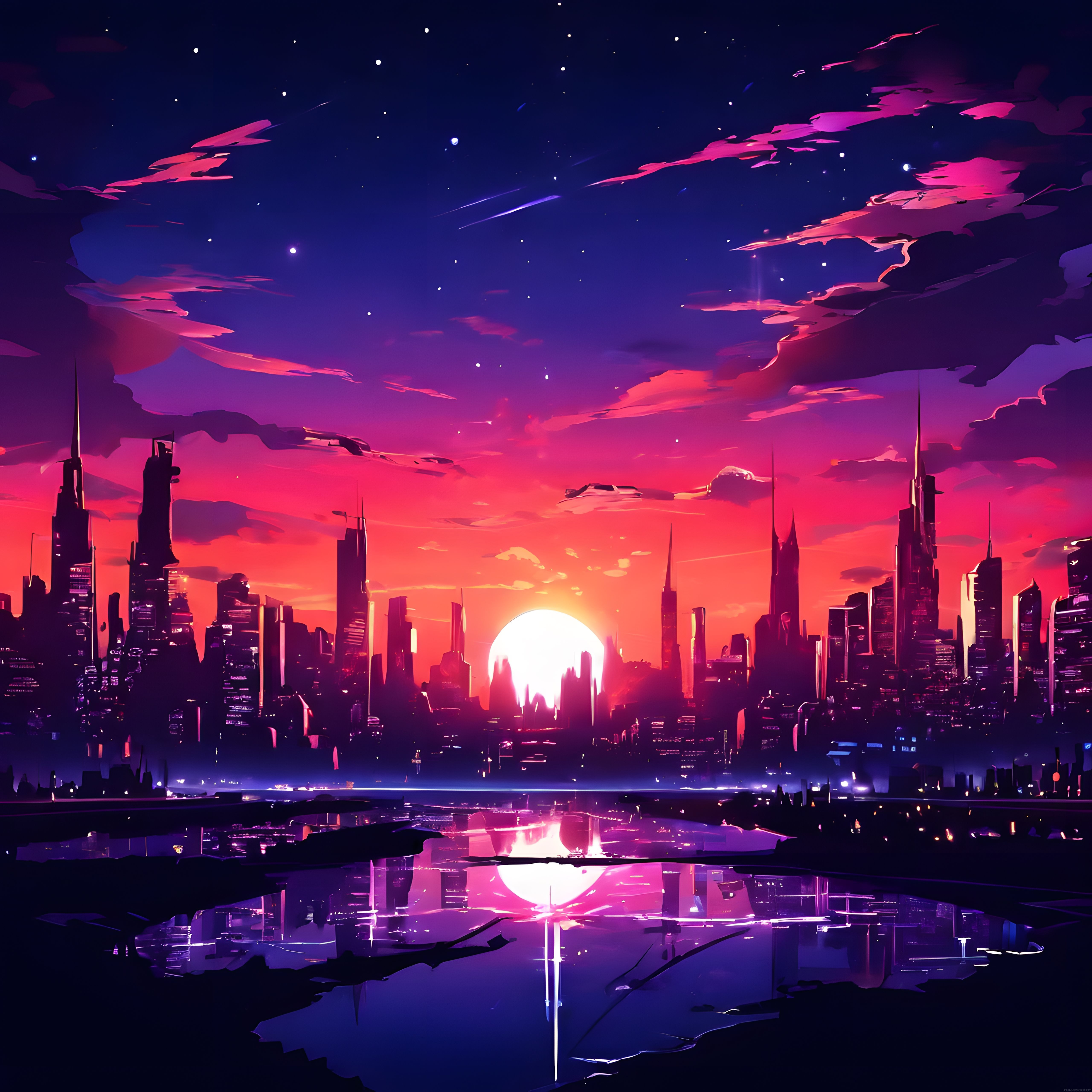 Cyberpunk Şehir: Neon Işıklarla Süslenmiş Göz Alıcı Gün Batımı