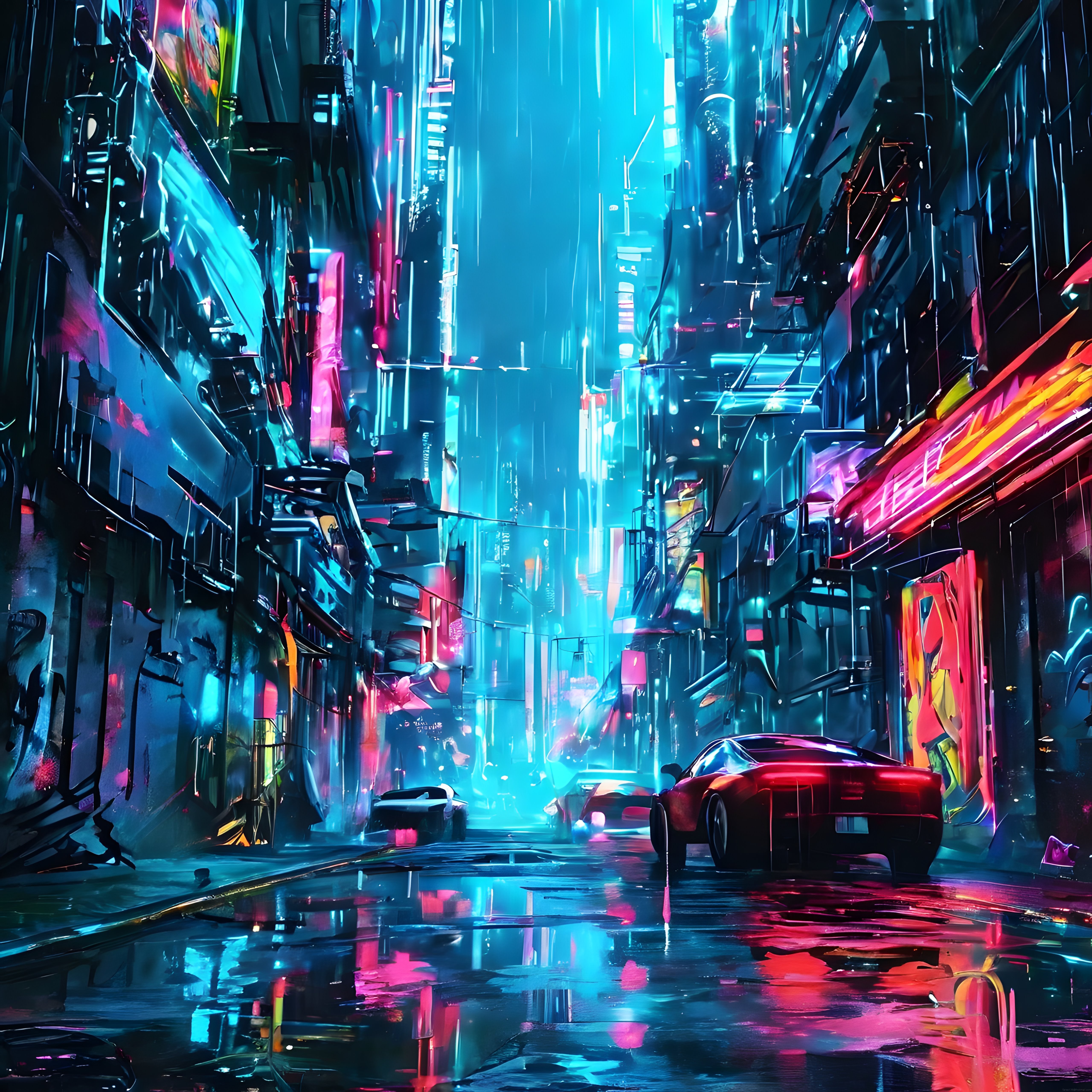Cyberpunk Şehir Sokak Gece Manzarası: Neon Işıklar ve Yağmur Yansımaları