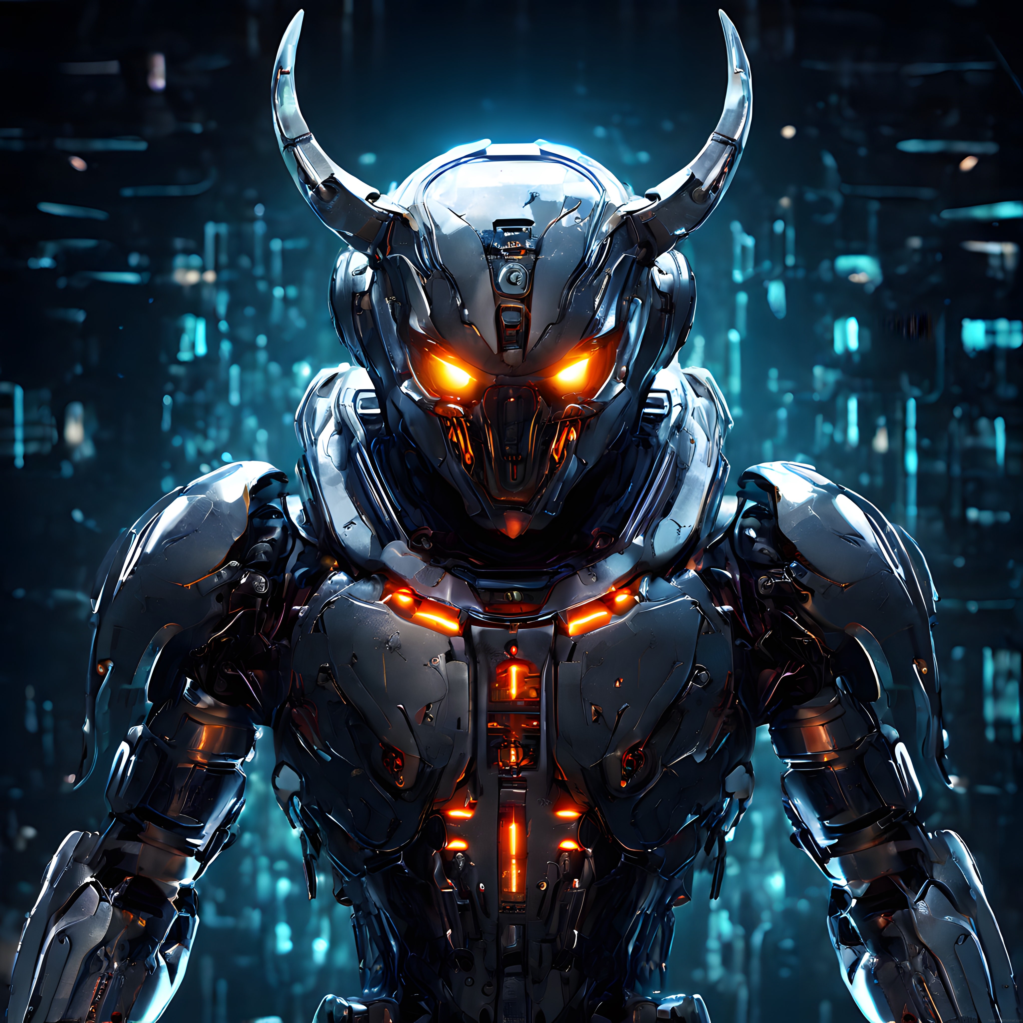 Cyberpunk Şehirde Boynuzlu ve Parlak Turuncu Gözlü Geleceğin Savaş Robotu