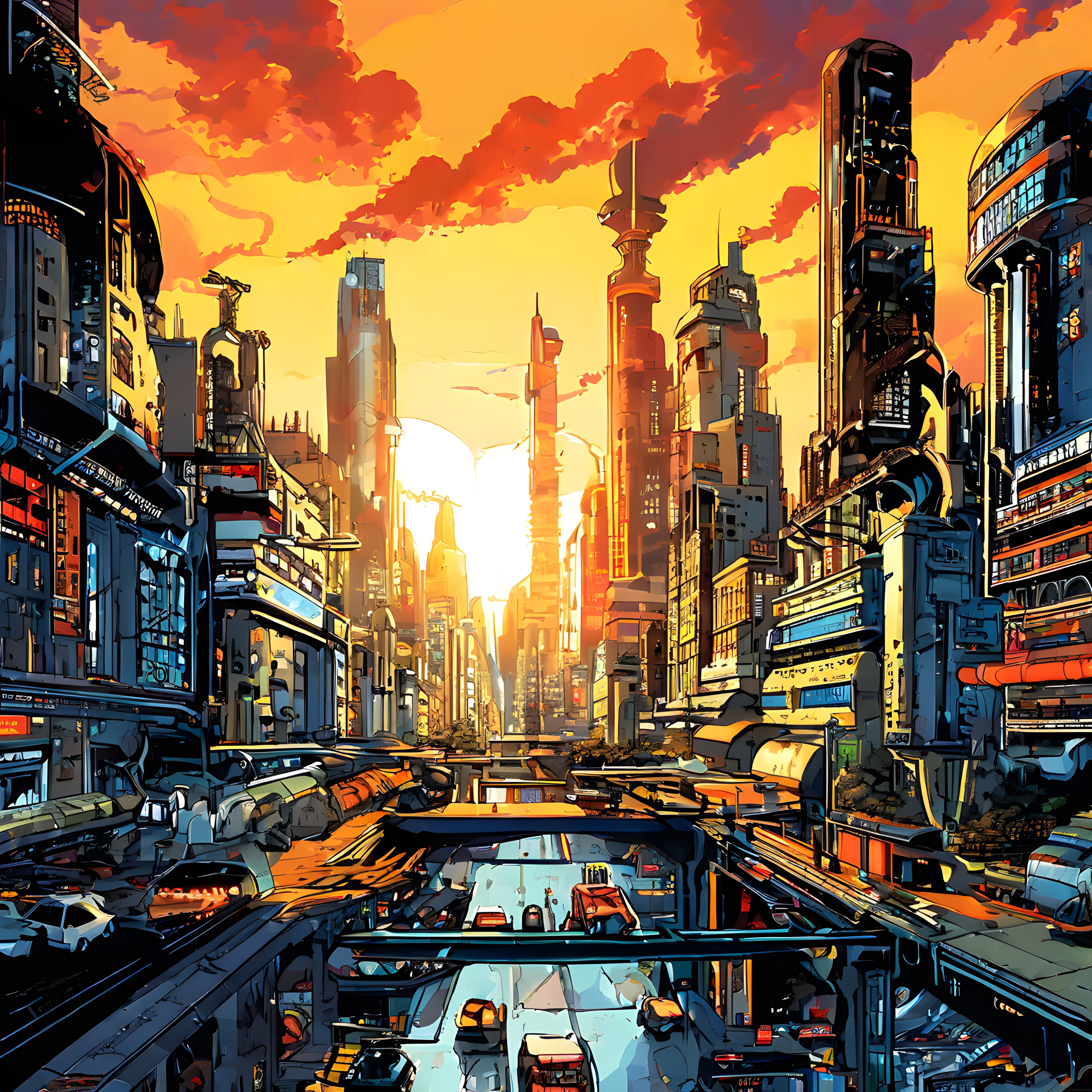 Cyberpunk Şehirde Gün Batımı: Fütüristik Gökyüzü ve Neon Işıklı Metropol
