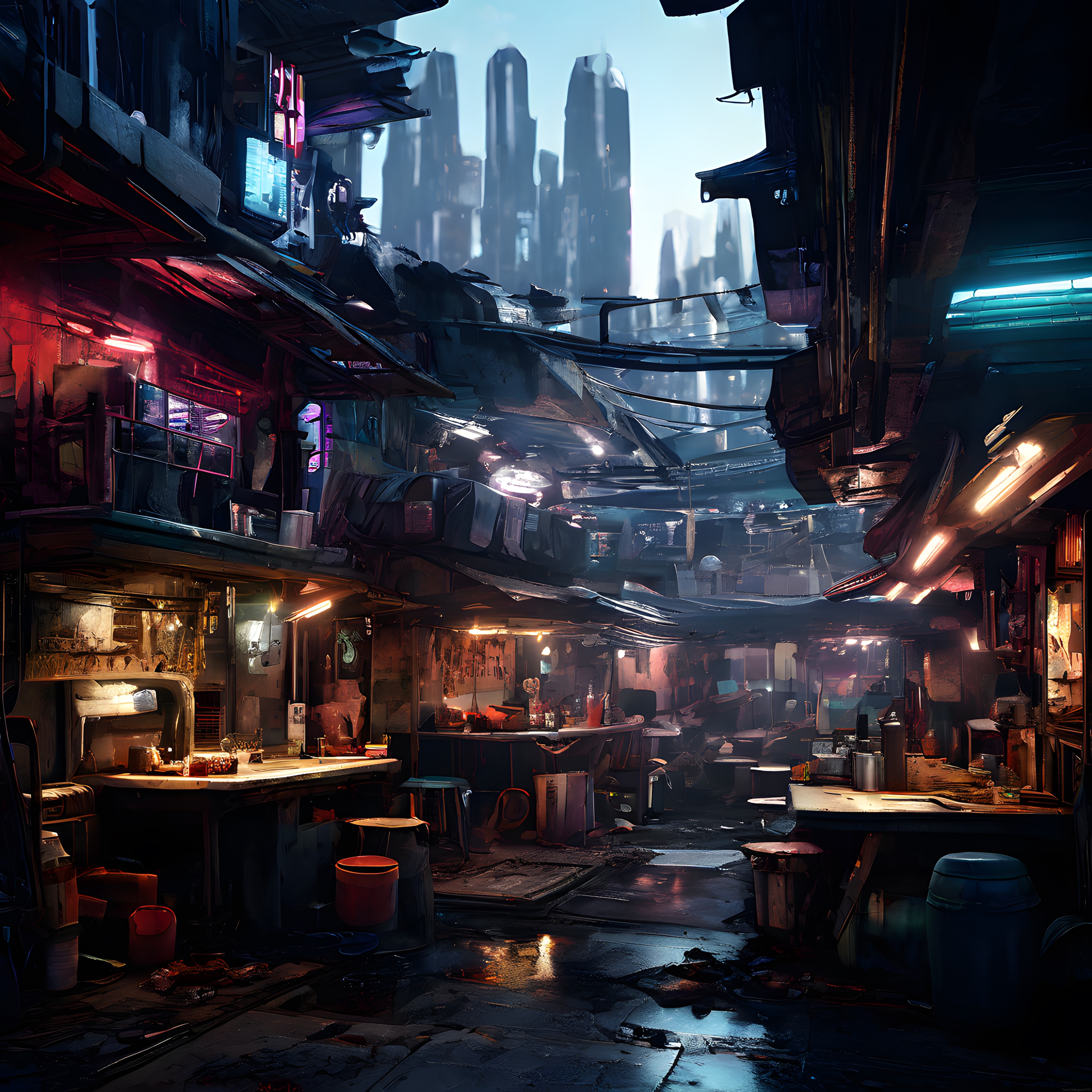 Cyberpunk şehirde ıslak arka sokak ve neon ışıklı gelecek manzarası