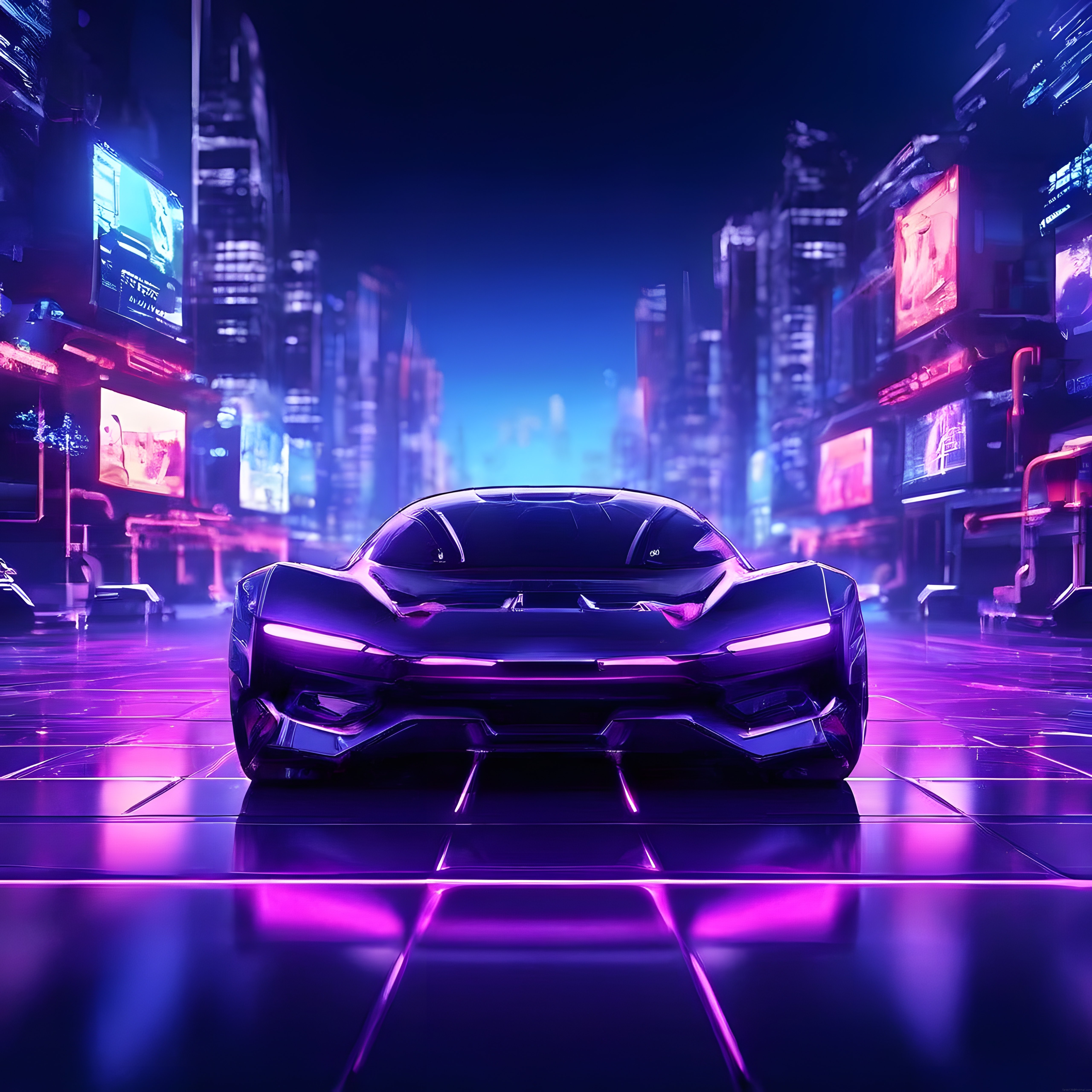 Cyberpunk şehirde mor neon ışıklarla aydınlanmış geleceğin konsept spor arabası