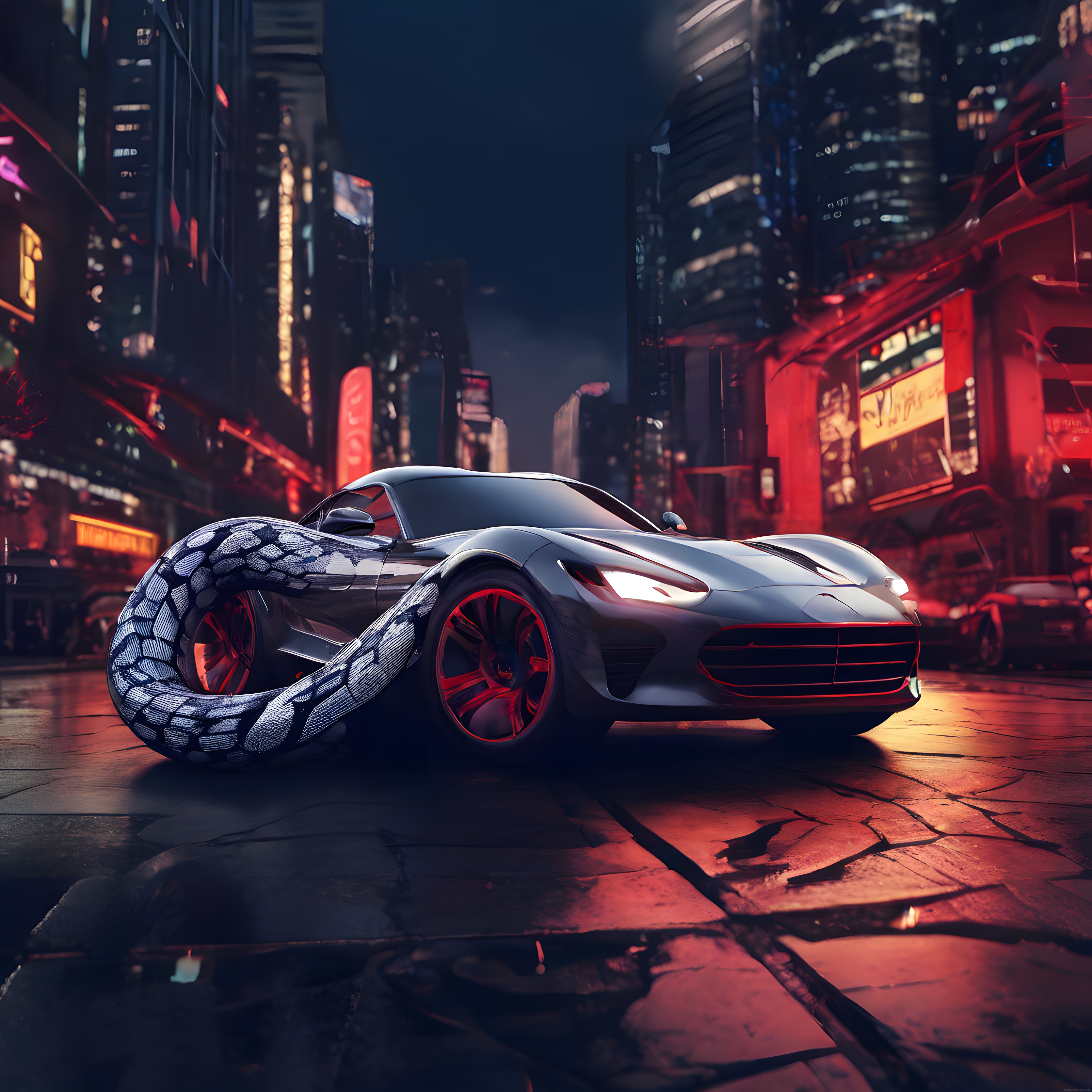 Cyberpunk Şehirde Neon Işıklar Altında Yılan Sarmış Modifiyeli Spor Araba