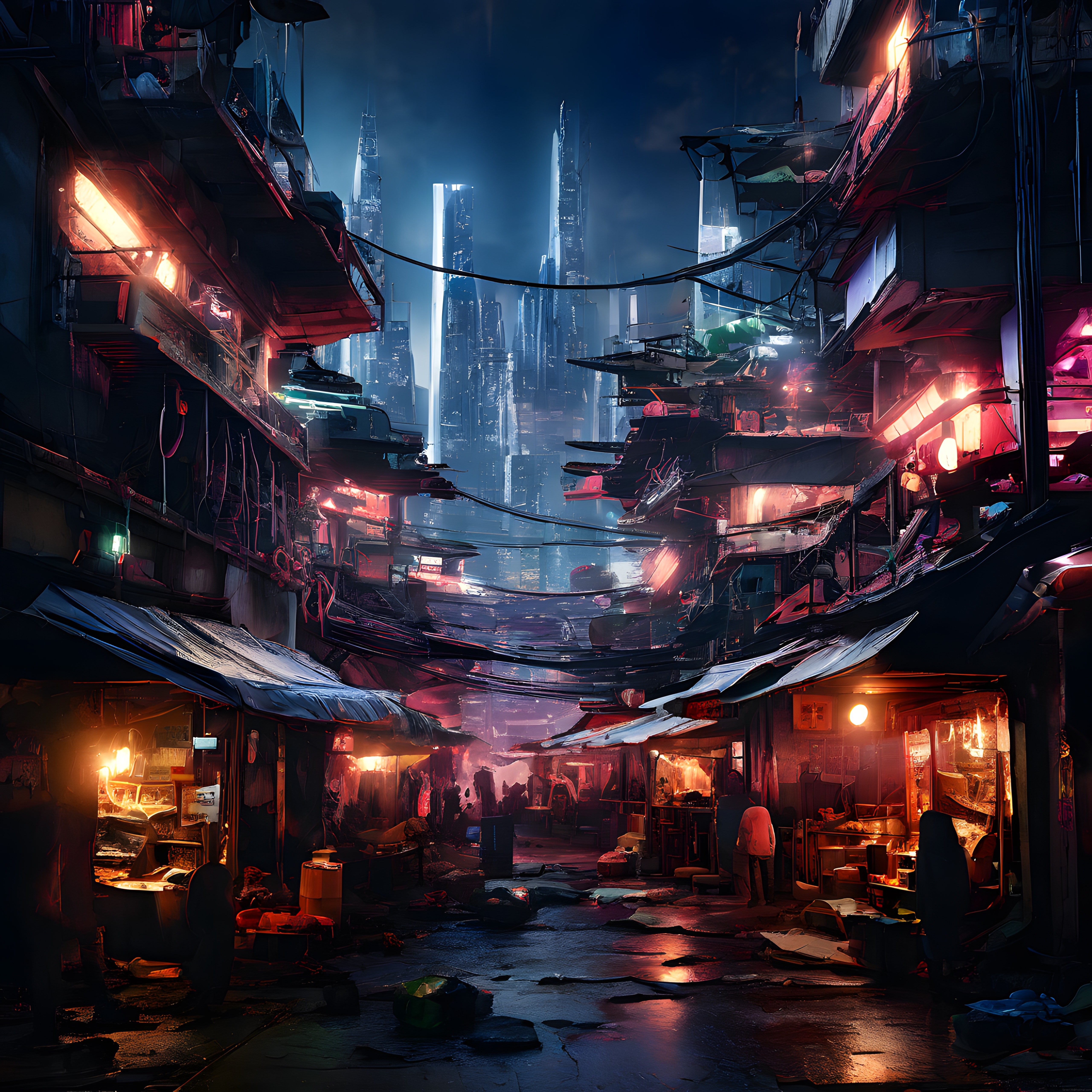 Cyberpunk Şehirde Neon Işıklarla Aydınlanan Dar Bir Gece Sokağı ve Gökdelenler