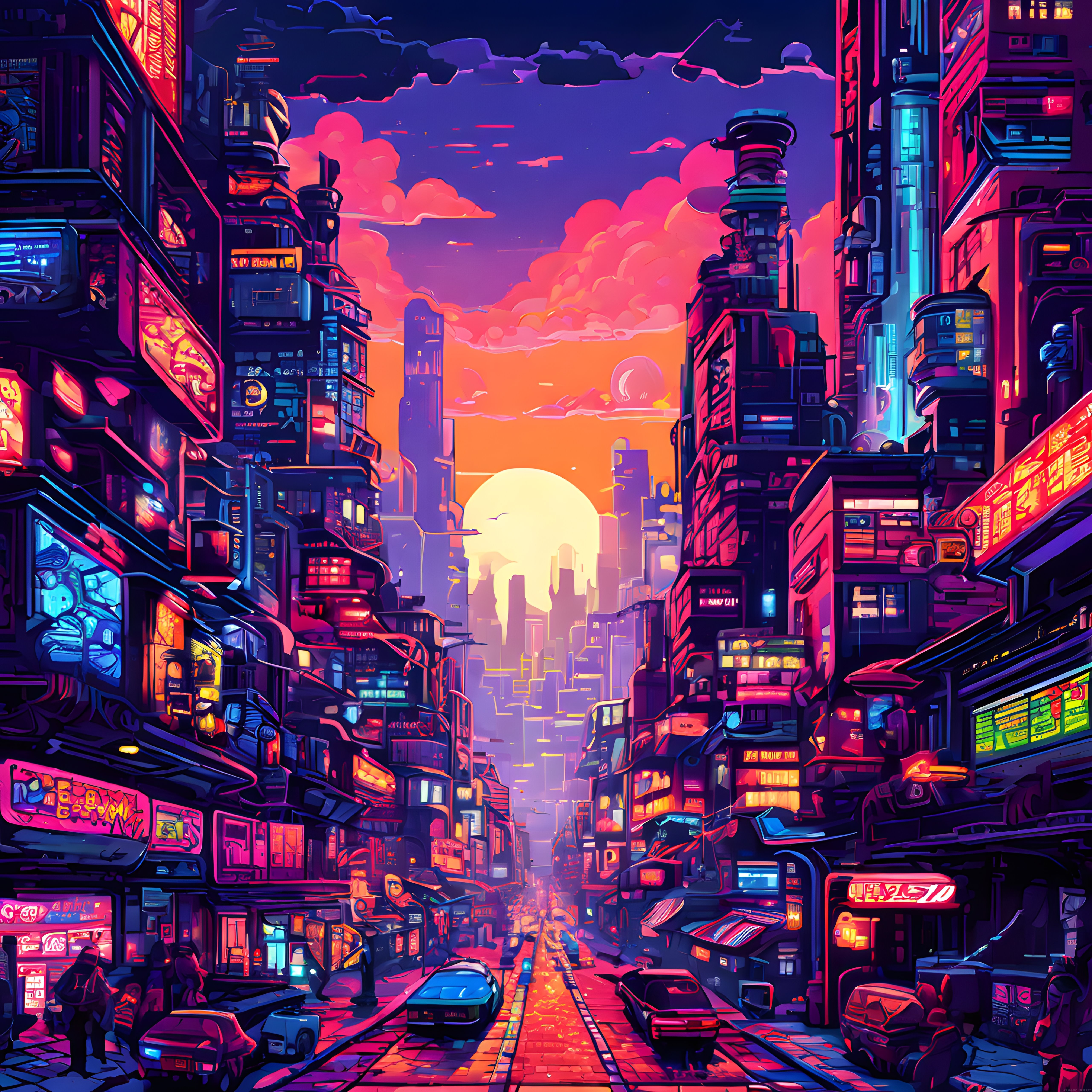 Cyberpunk Şehirde Neon Parıltılı Gün Batımı ve Gelecek Nesli Binalar