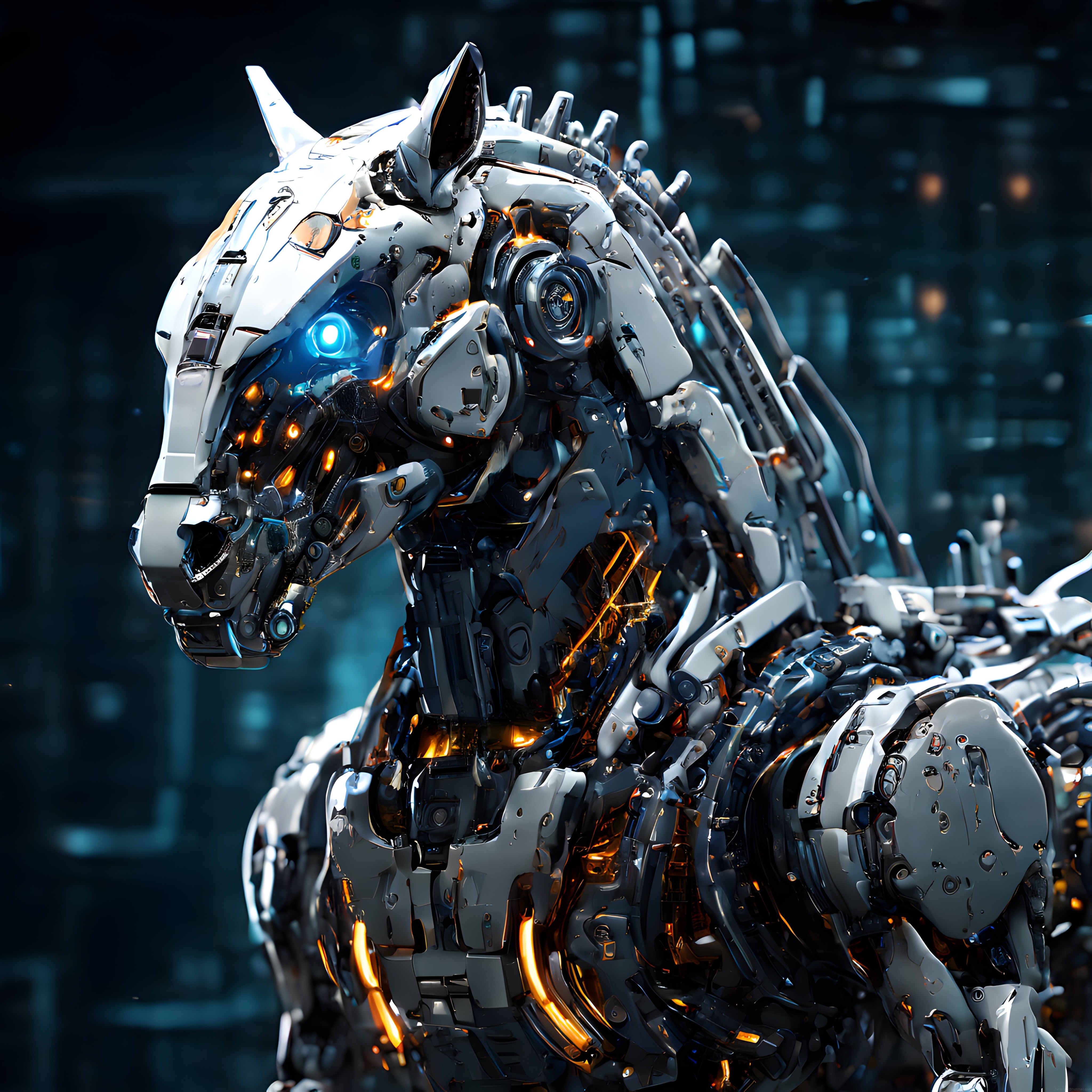 Cyberpunk Şehirde Parlayan Gözleriyle Geleceğin Mekanik Robot Atı