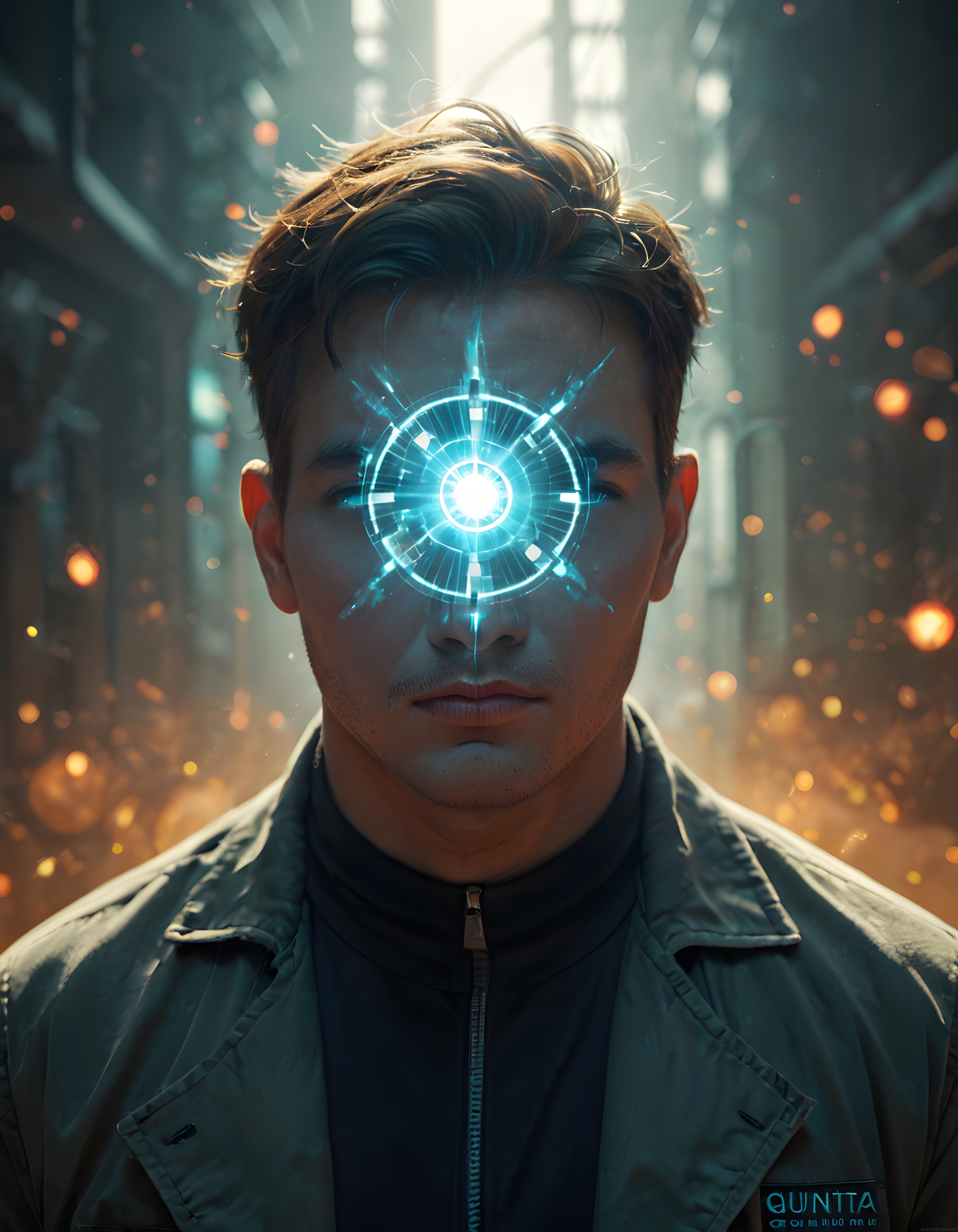 Cyberpunk şehirde teknolojik göz arayüzüyle parıldayan adam portresi