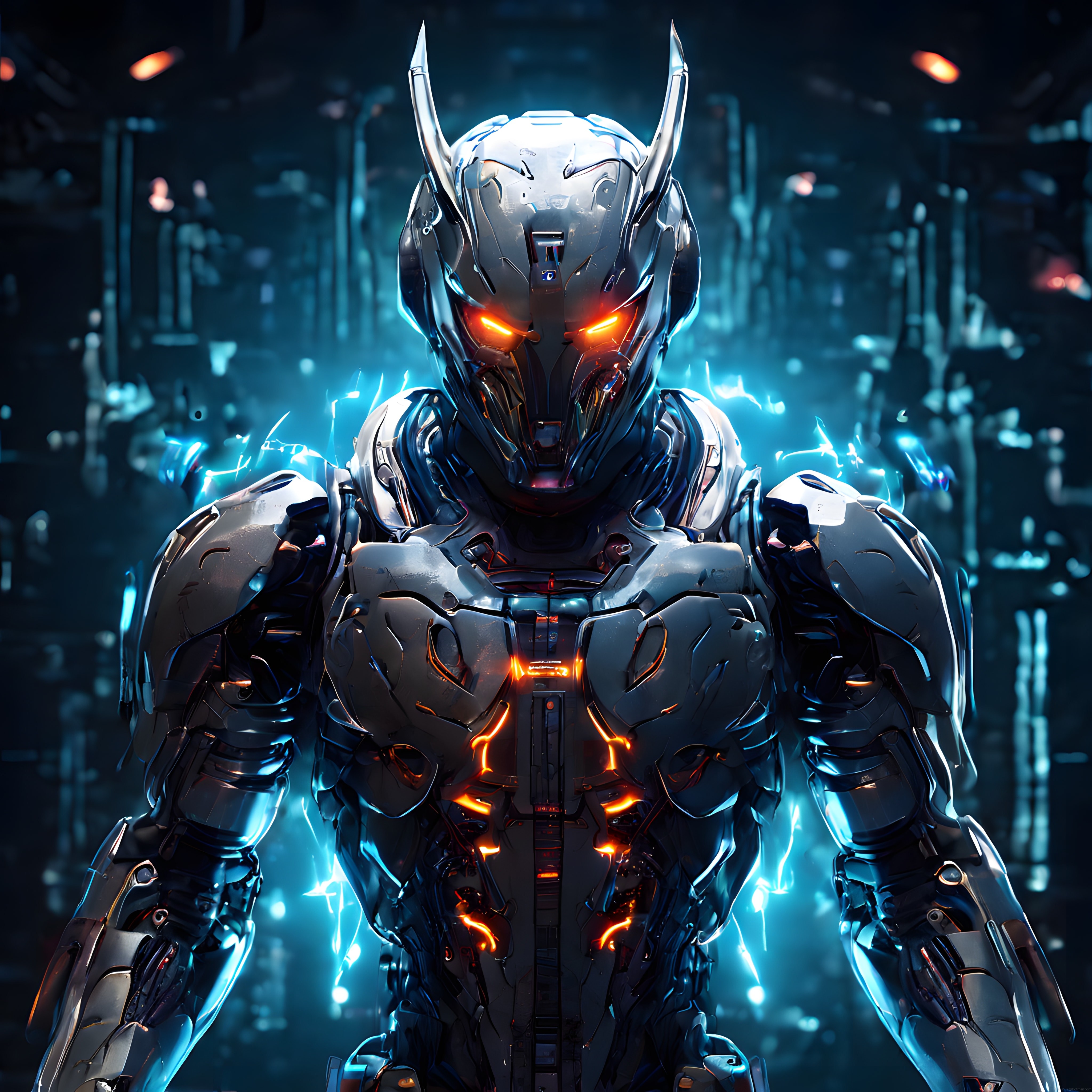 Cyberpunk Şehirde Turuncu Gözleriyle Parlayan Geleceğin Robot Muhafızı