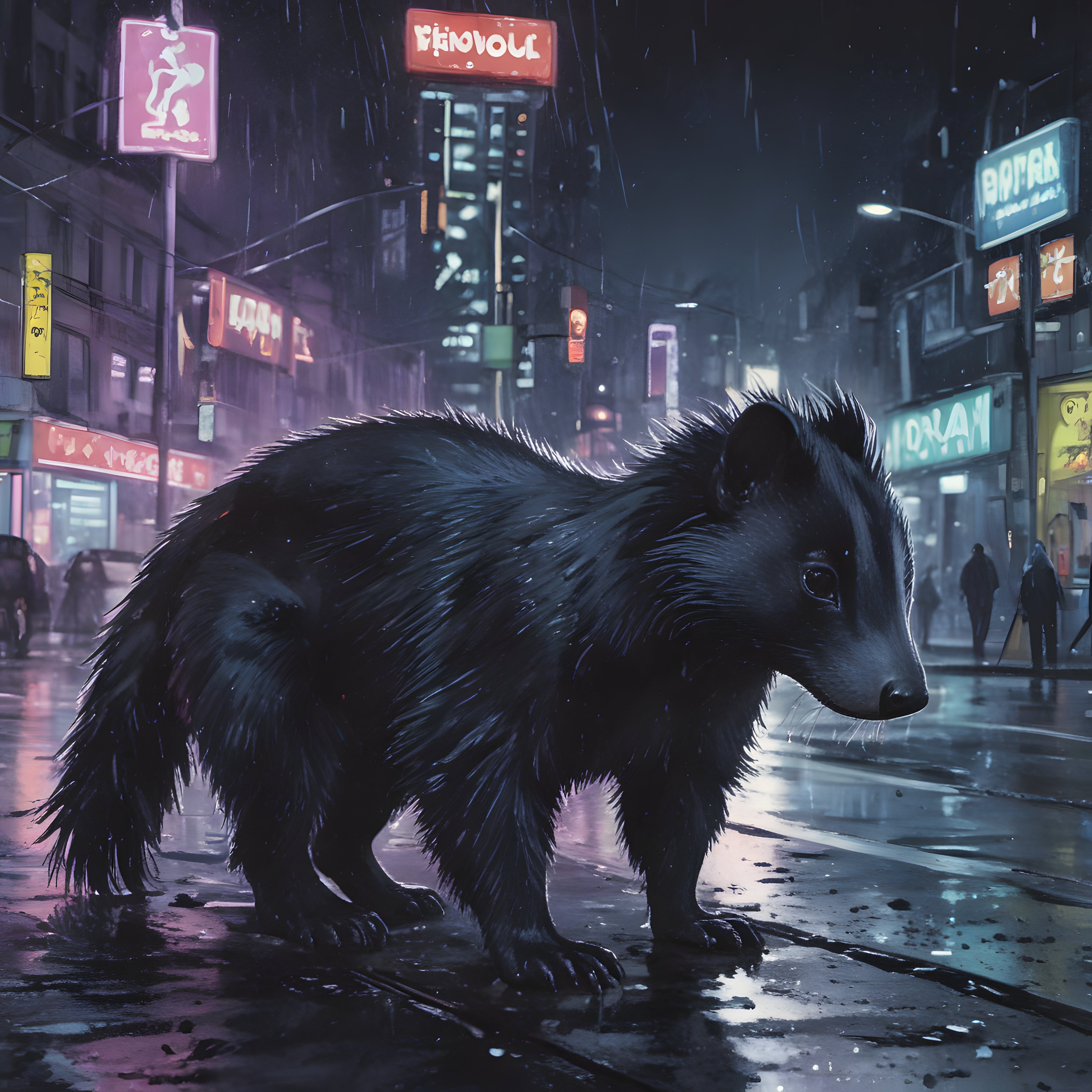 cyberpunk şehirde yağmurlu sokakta devasa ıslak tüylü gizemli siyah bir memeli