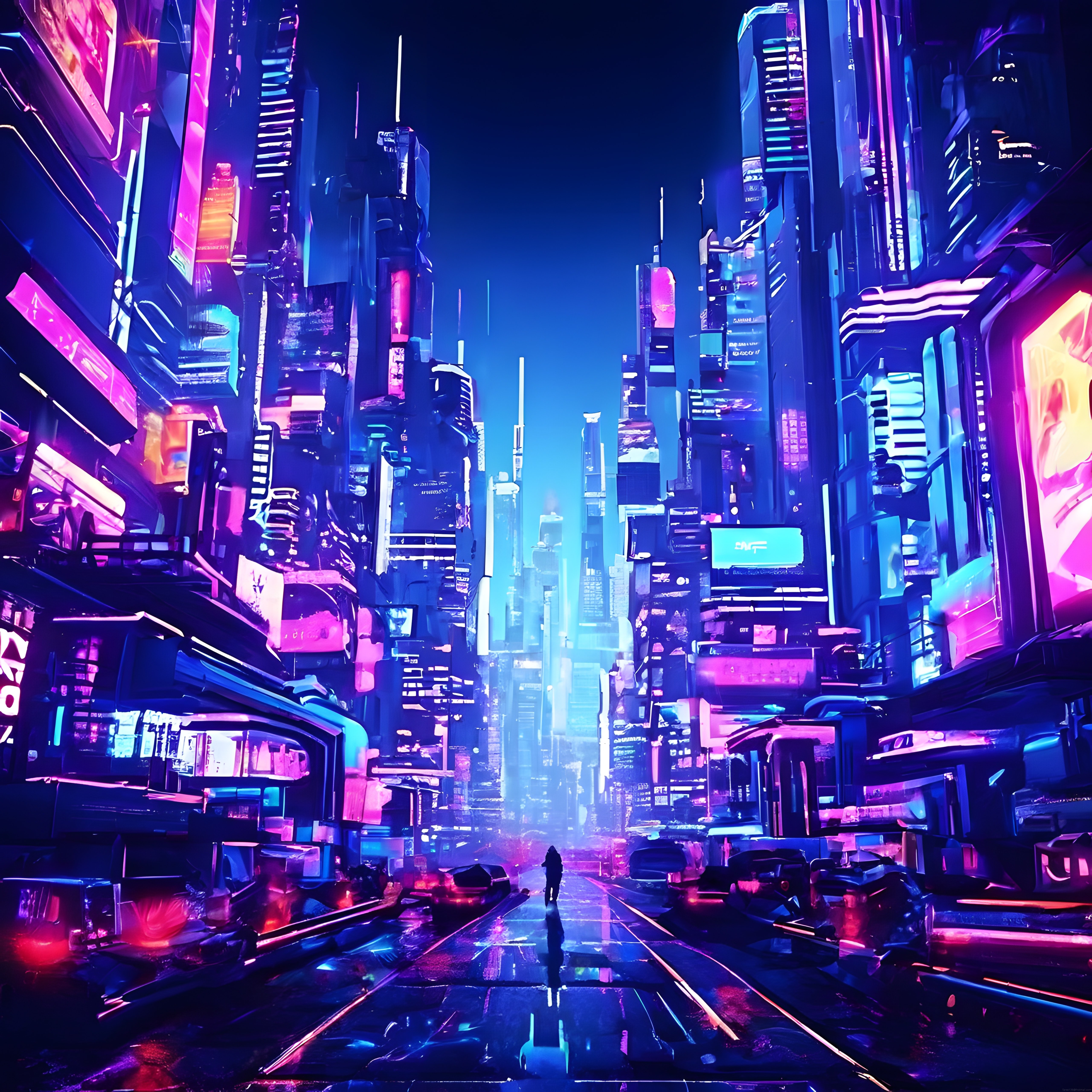 Cyberpunk Şehrin Gecesinde Yalnız Yürüyüş ve Neon Işıltılı Atmosfer