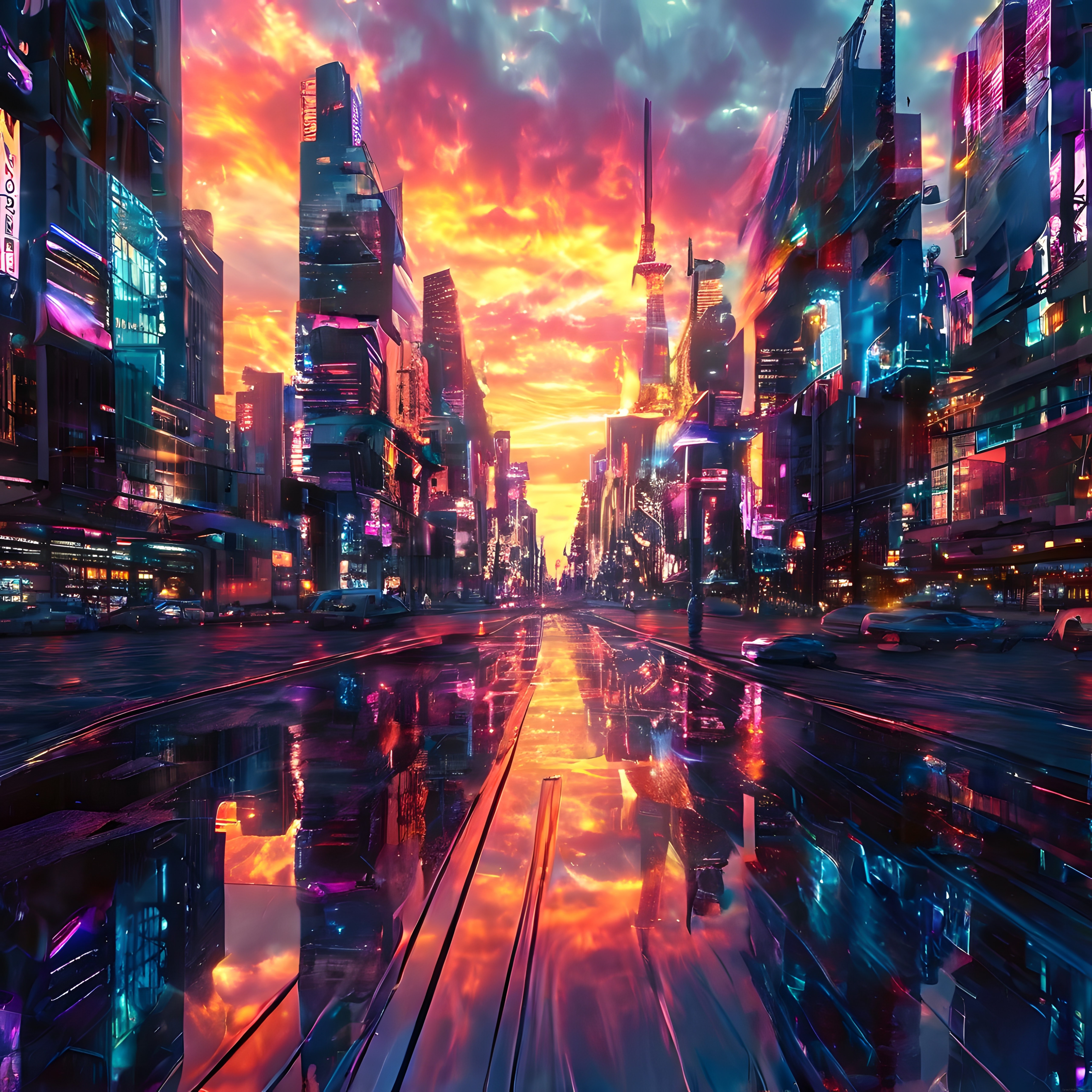 Cyberpunk Şehrinde Büyüleyici Gün Batımı ve Neon Yansımalar