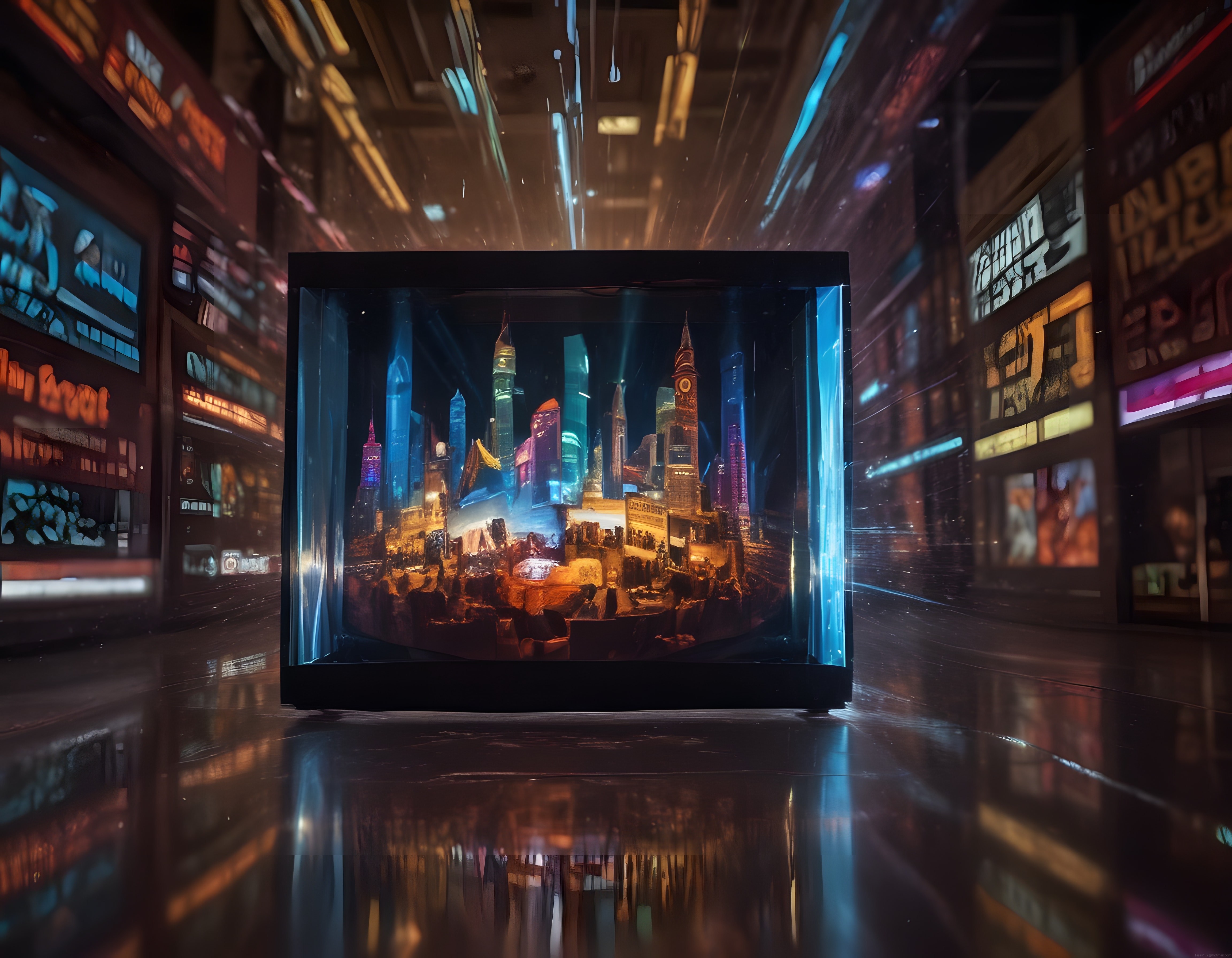 Cyberpunk Stilde Cam Küp İçinde Neonlu Londra ve Fütüristik Sanal Galeri