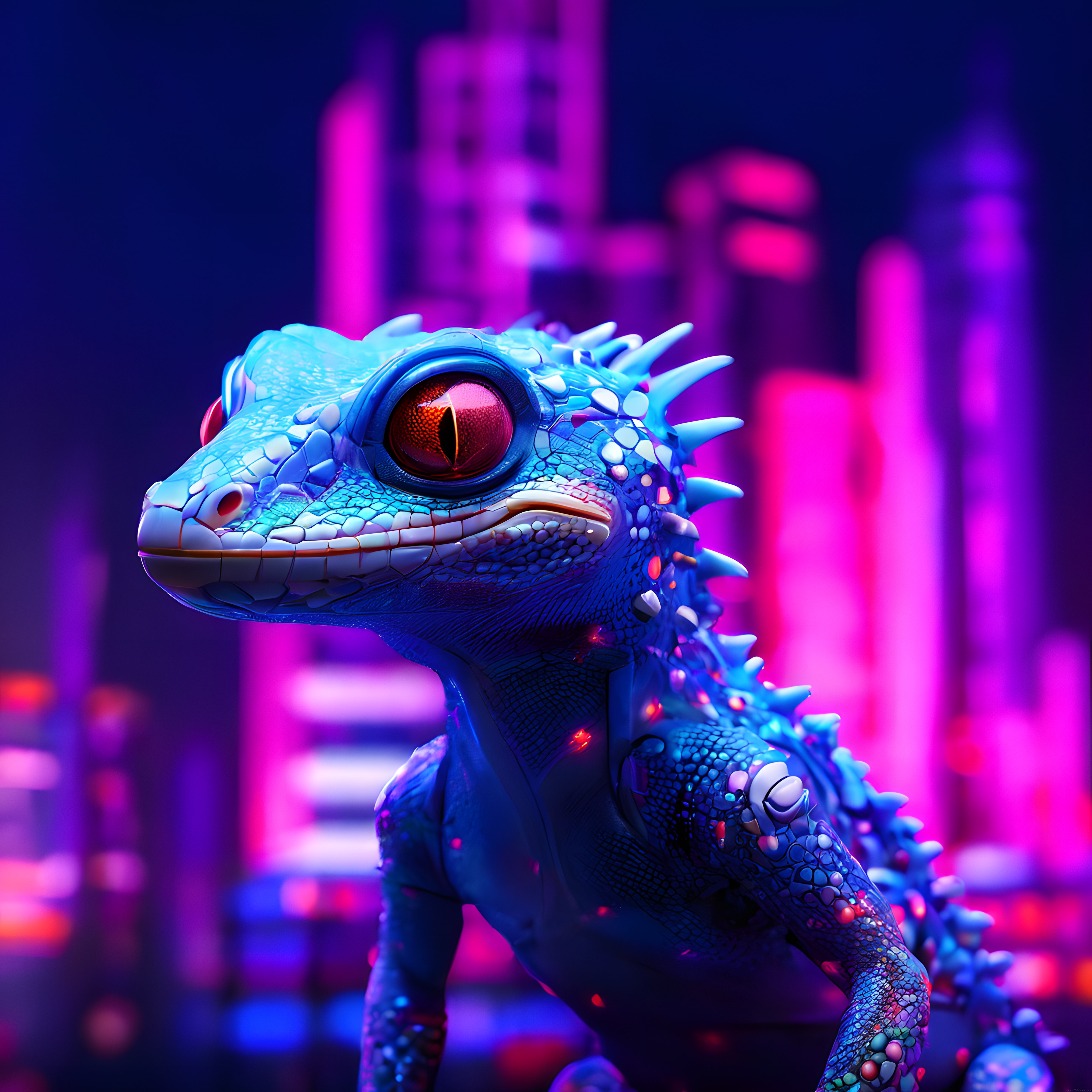 cyberpunk stilde devasa kırmızı gözlü mavi sürüngen dijital karakter tasarımı