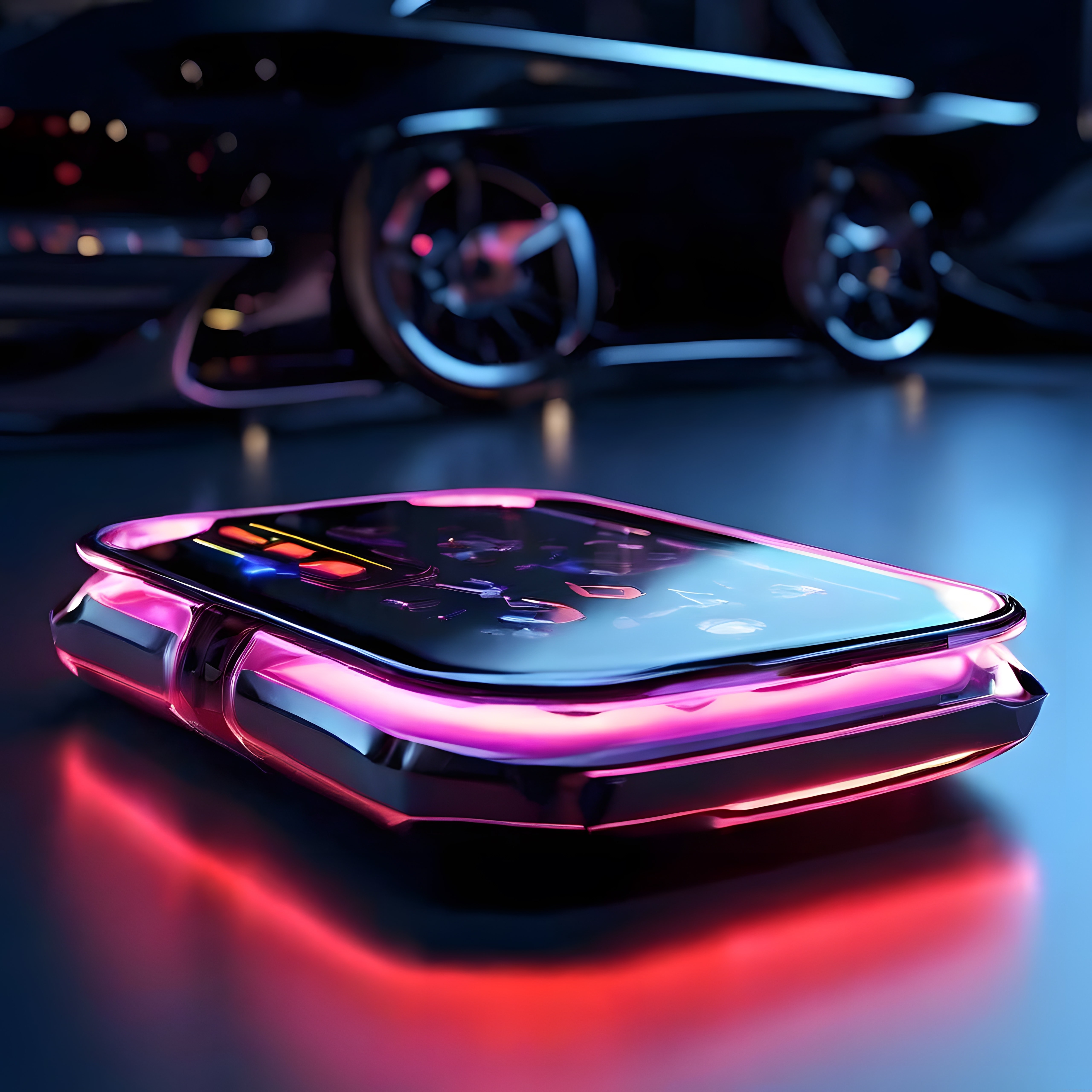 Cyberpunk Stilde Fütüristik El Konsolu ve Neon Aydınlatmalı Araç Kokpiti