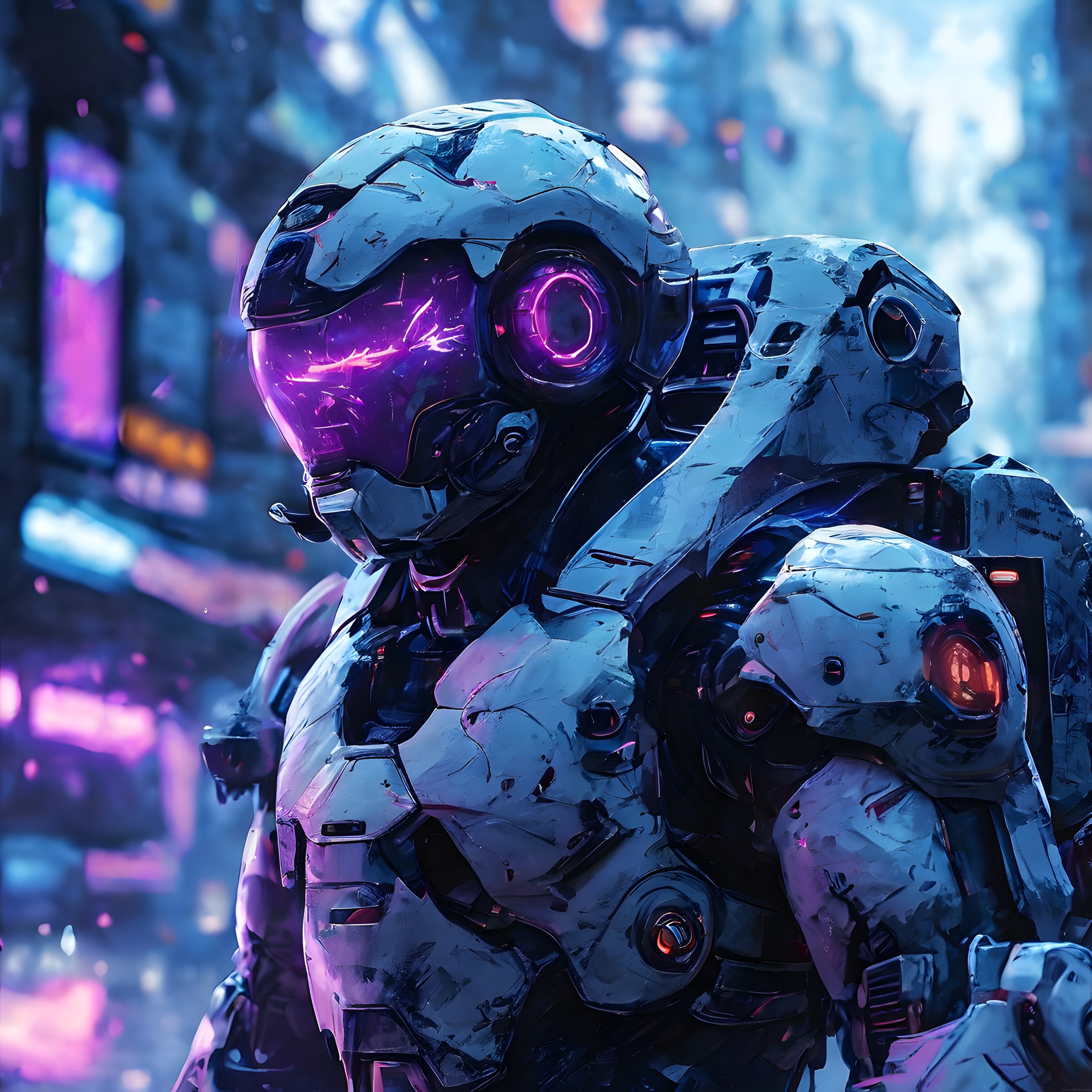 Cyberpunk Stilde Mor Vizörlü Zırhlı Robot ve Neon Şehir Manzarası