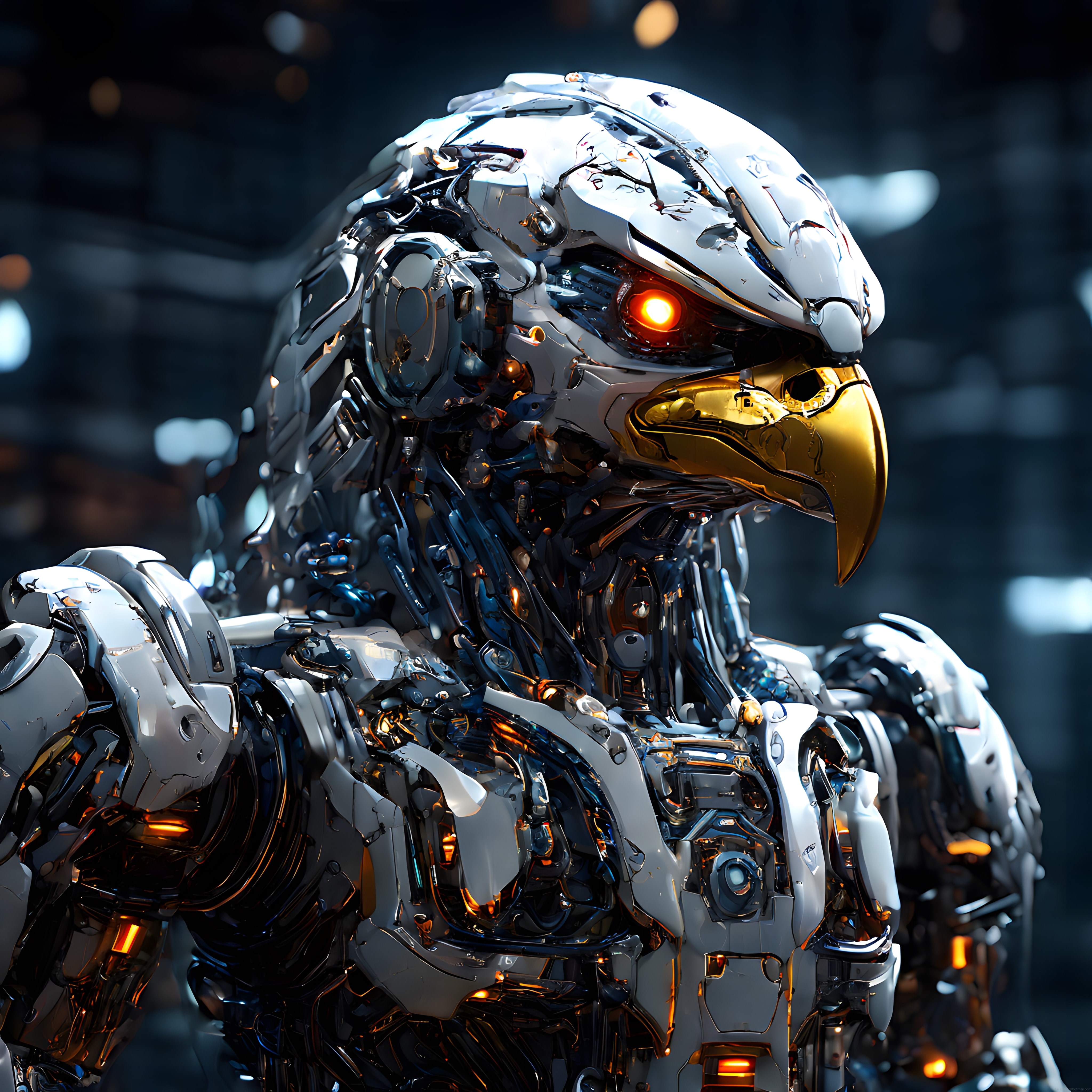 Cyberpunk Stilde Parlayan Gözleriyle Robotik Mekanik Kartal Figürü