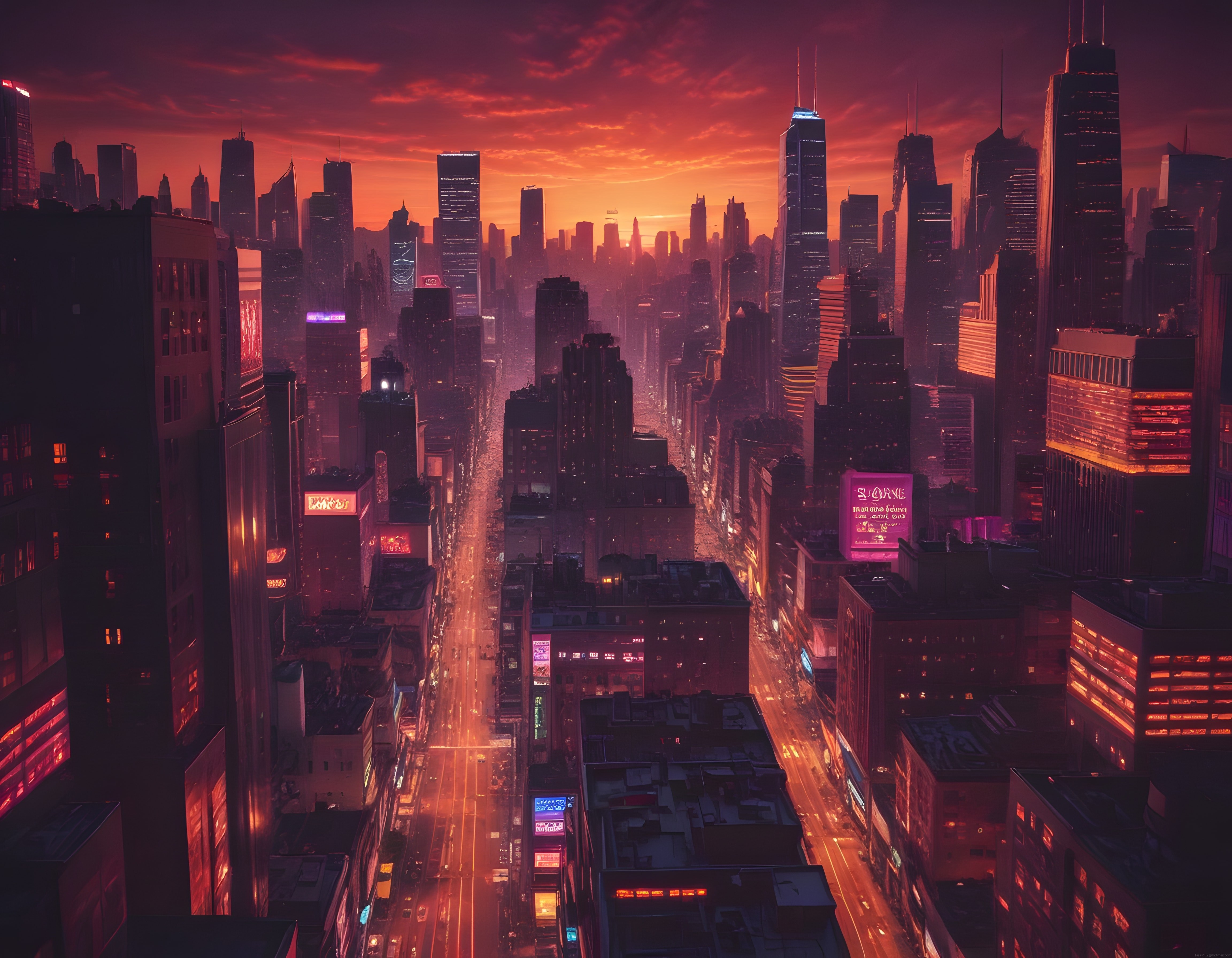 Cyberpunk stili gün batımında neon ışıklı gökdelenler ve yoğun şehir trafiği