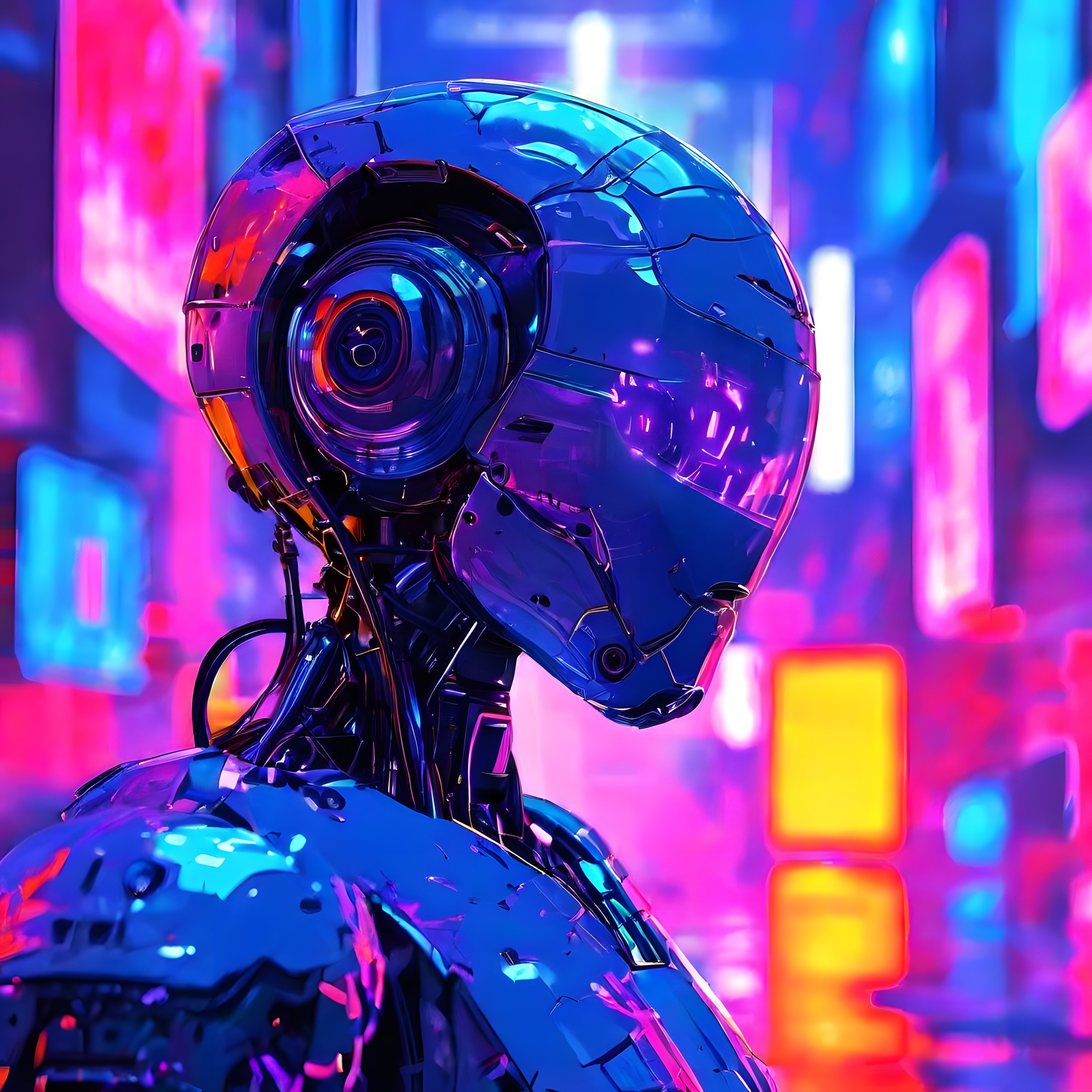 Cyberpunk Stili Metal Robot ve Neon Aydınlatmalı Şehir Arka Planı