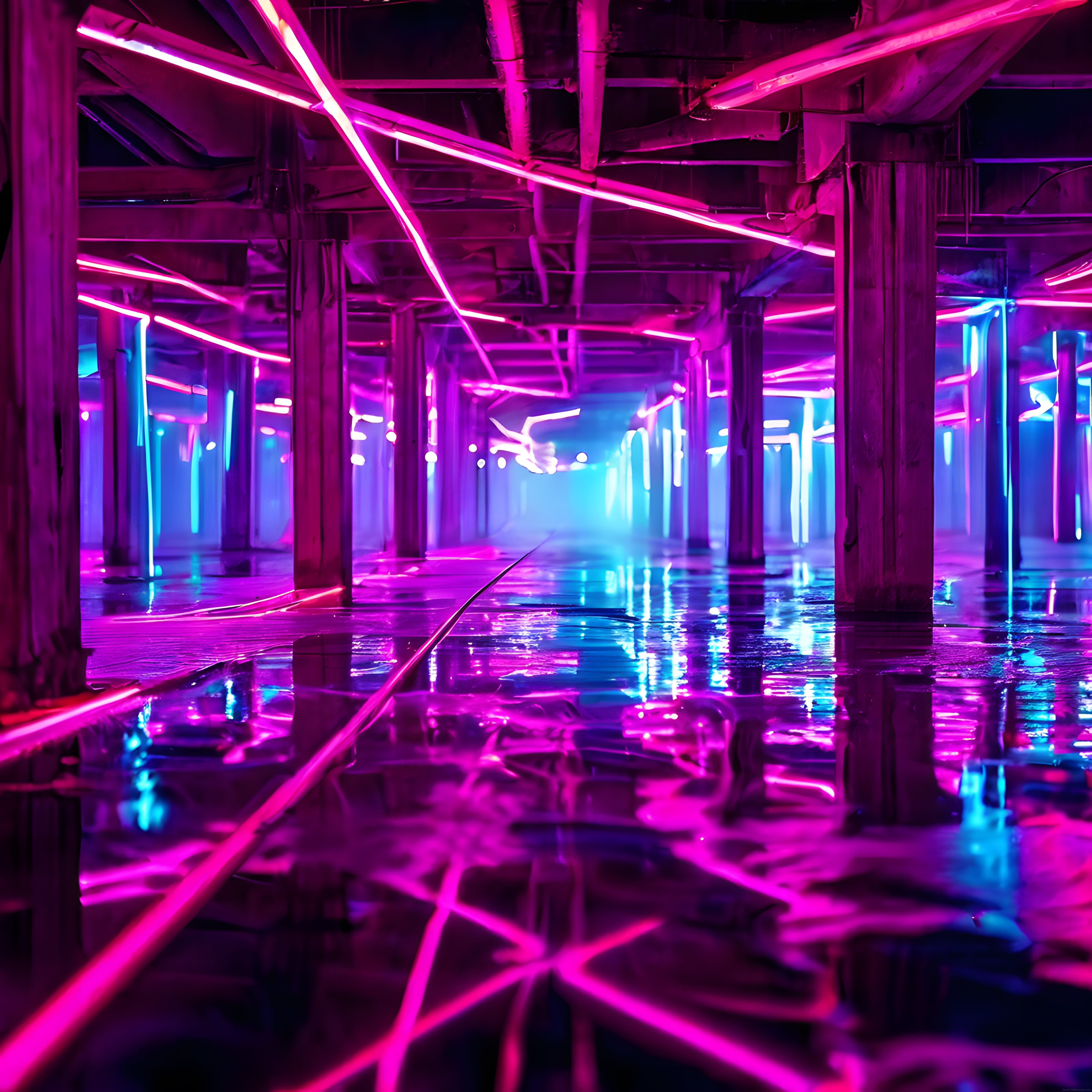 Cyberpunk stili neon ışıklı endüstriyel mekan ve zeminde renkli yansımalar