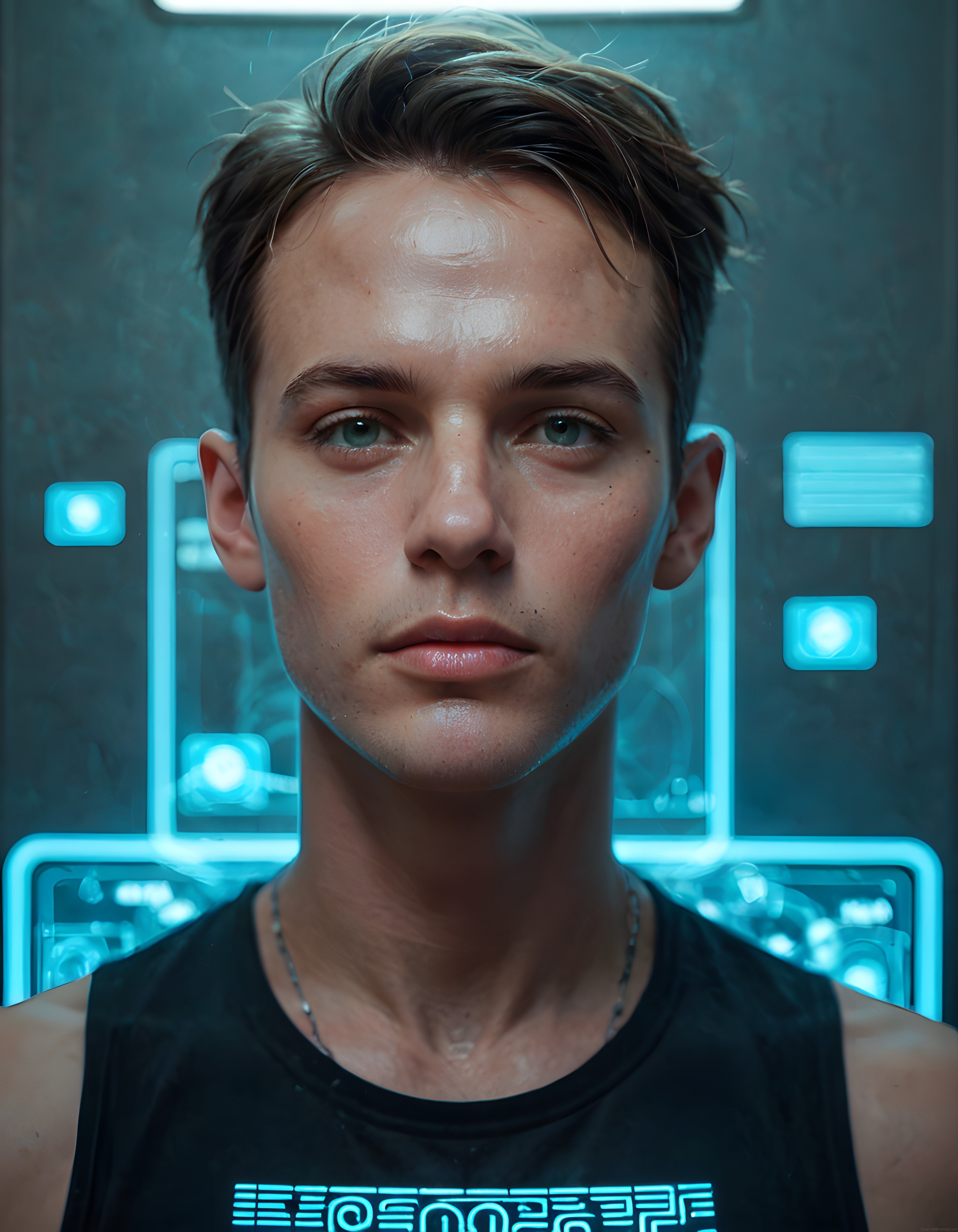 Cyberpunk stilinde genç adam portresi ve neon ışıklı dijital sanat çalışması