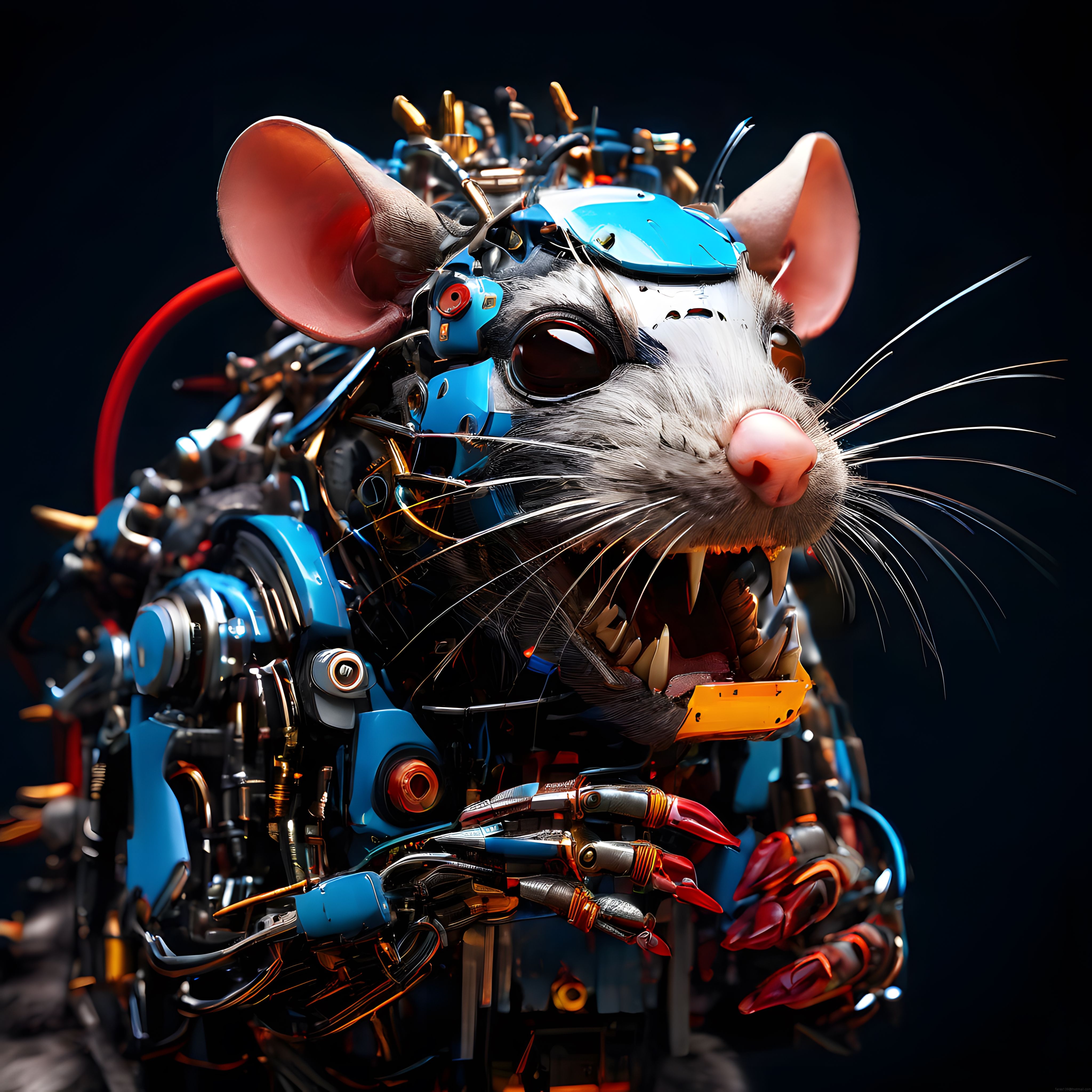 cyberpunk stilinde mekanik zırhlı yapay zeka fare robotunun detaylı portresi