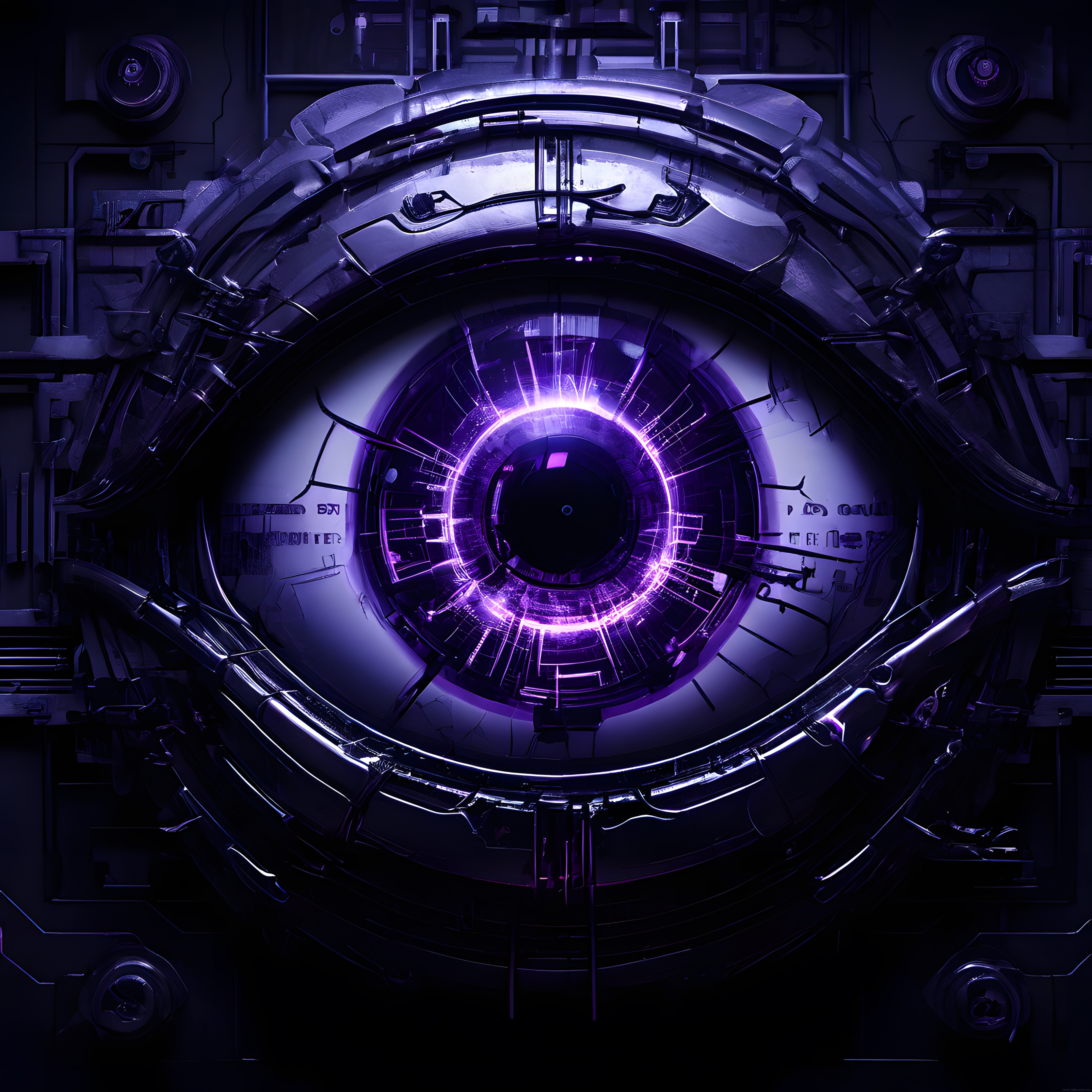 Cyberpunk stilinde mor neon ışıklı mekanik göz dijital sanat çalışması