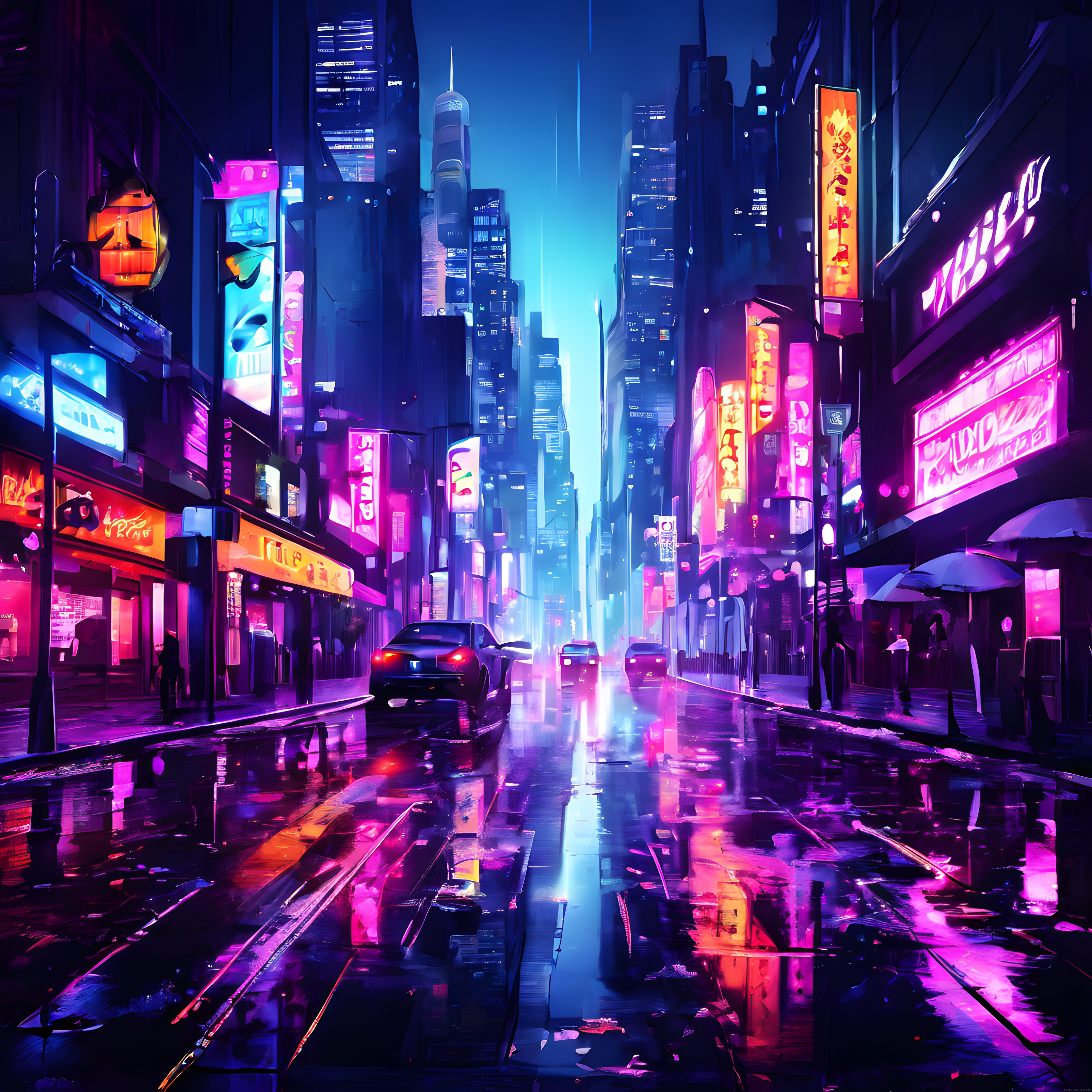 Cyberpunk Stilinde Mor ve Mavi Neonlarla Aydınlanan Yağmurlu Gece Şehri