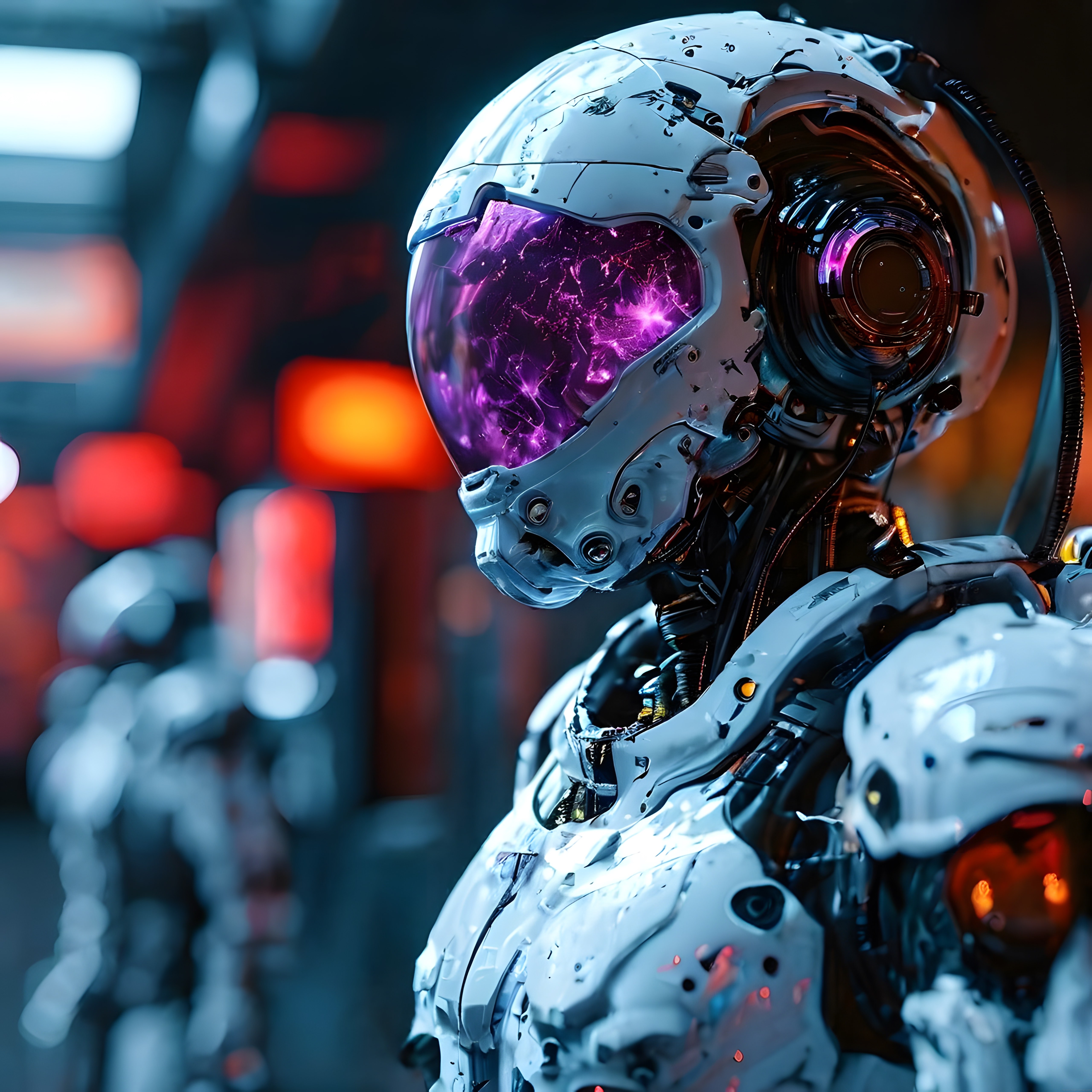 Cyberpunk Stilinde Parlak Mor Vizörlü Fütüristik Robot Astronot Kaskı