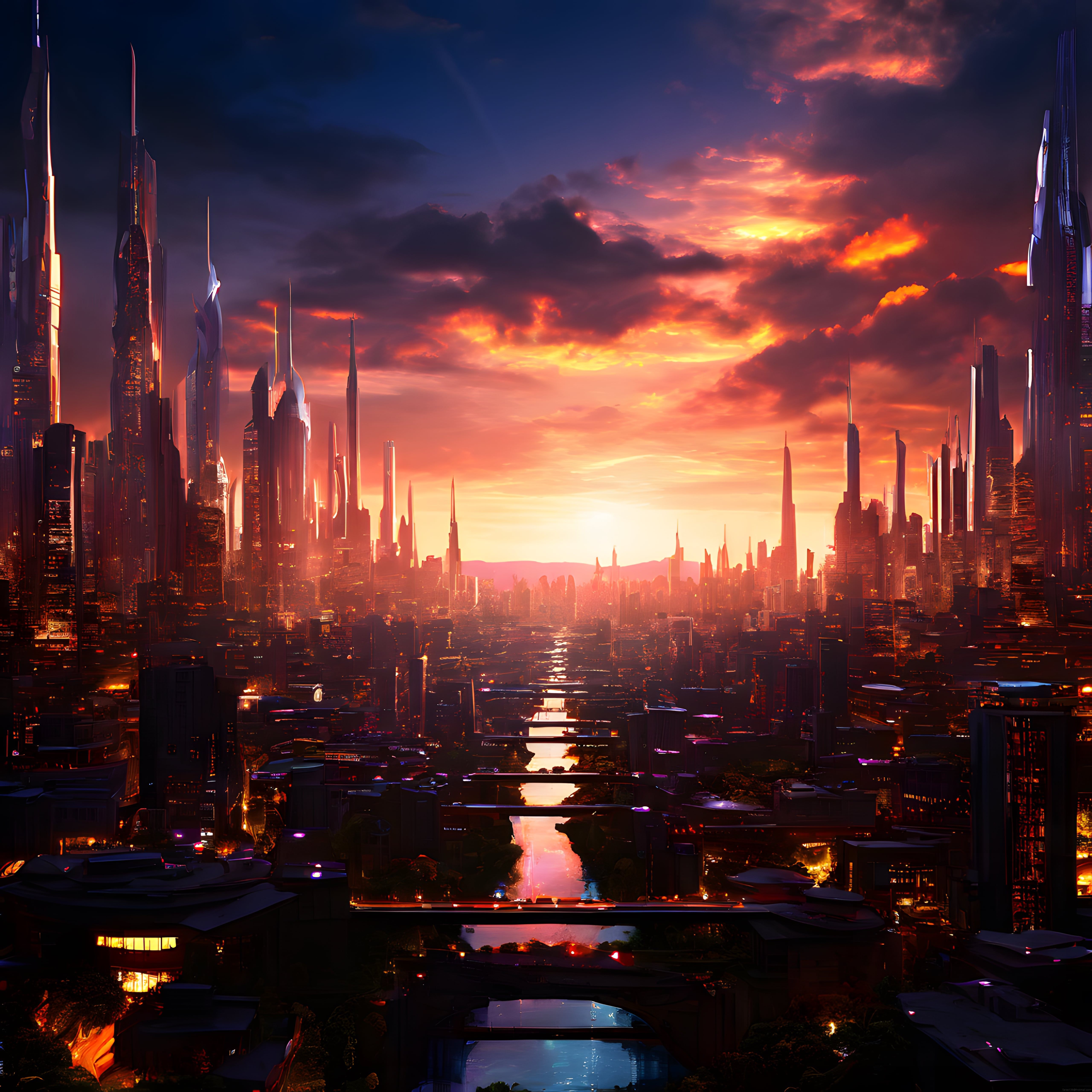 Cyberpunk Tarzda Gün Batımında Parlayan Fütüristik Metropol Şehir Manzarası