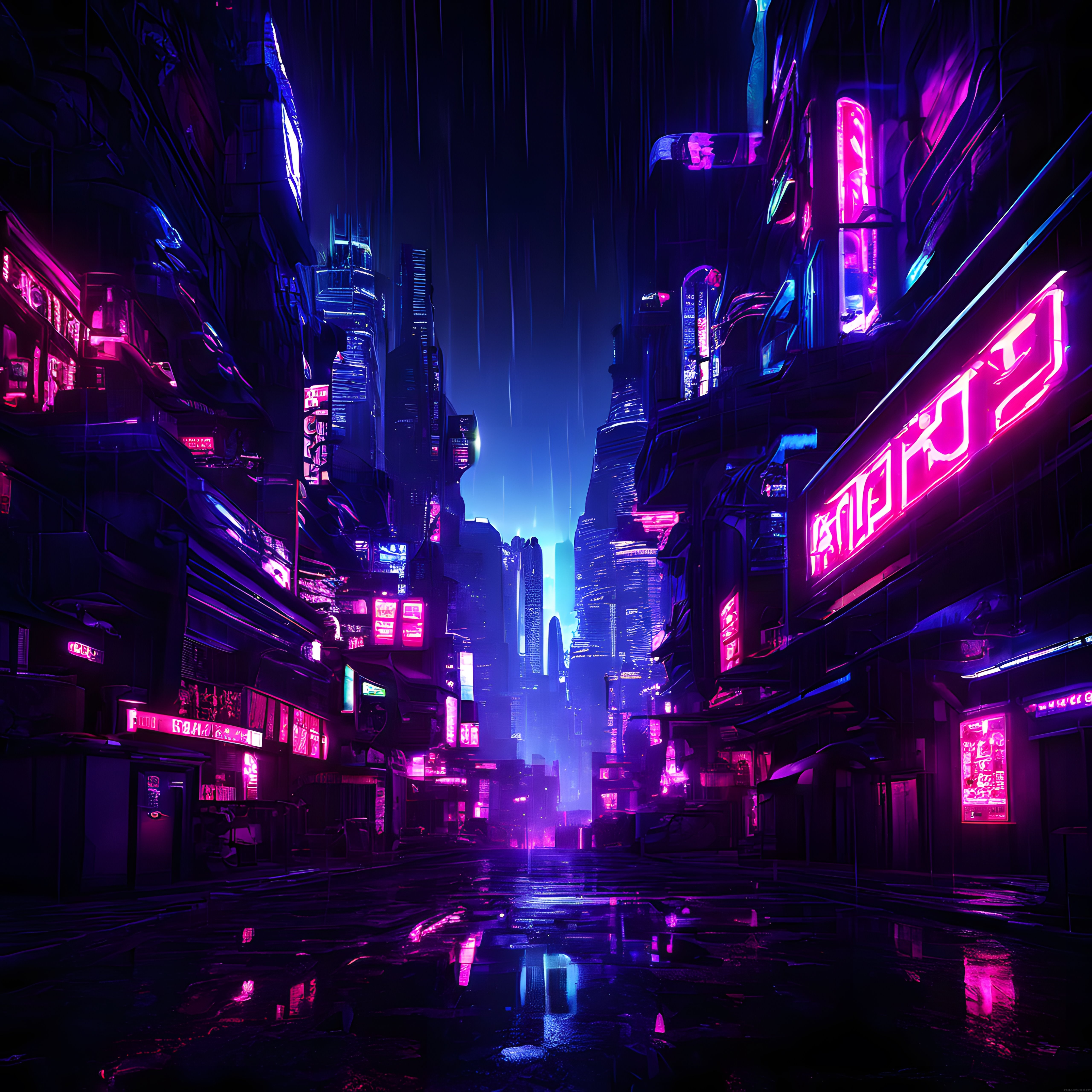 Cyberpunk Tarzda Mor ve Mavi Neonların Aydınlattığı Fütüristik Gece Sokağı