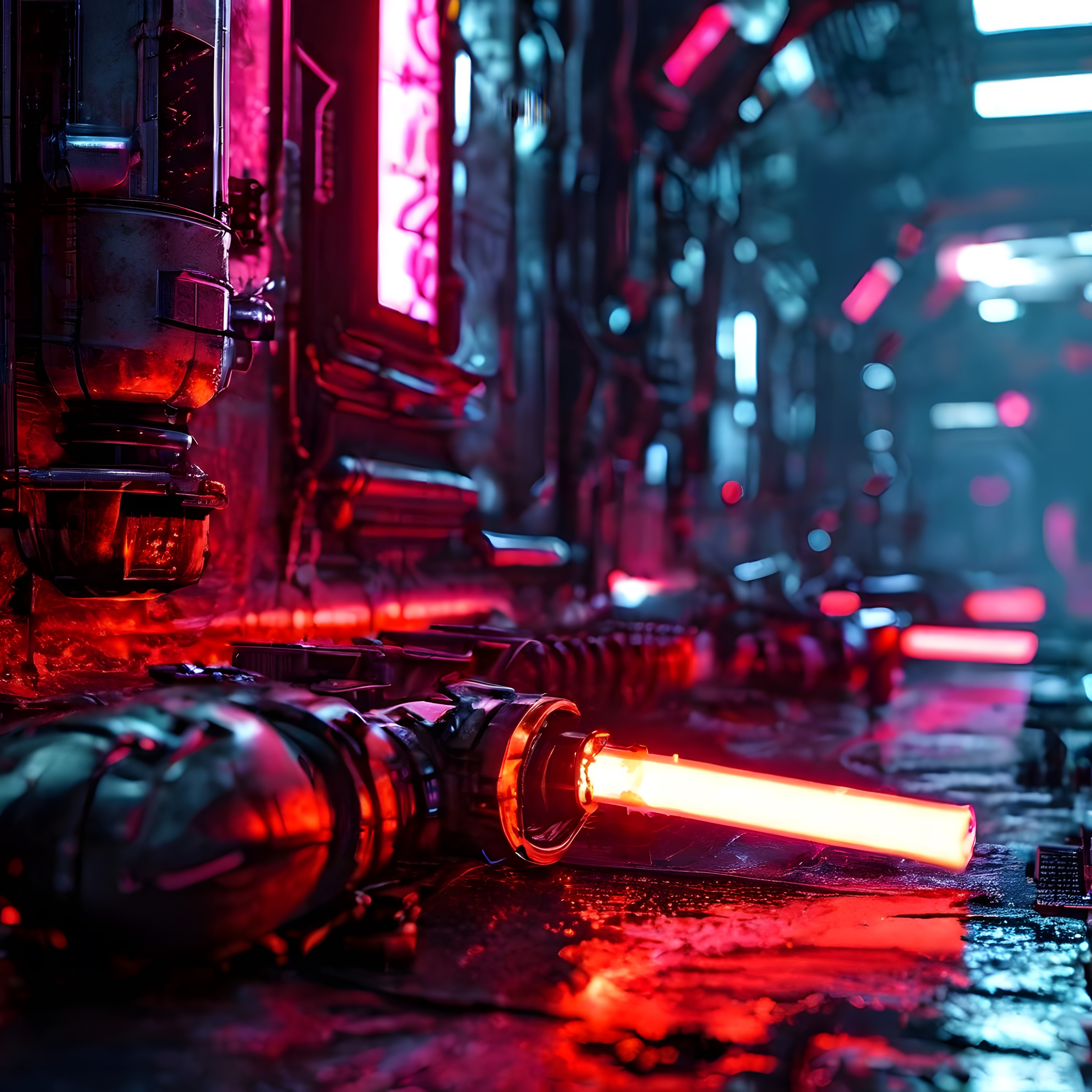 Cyberpunk tarzı dar bir sokakta yanan metal boru ve neon aydınlatma