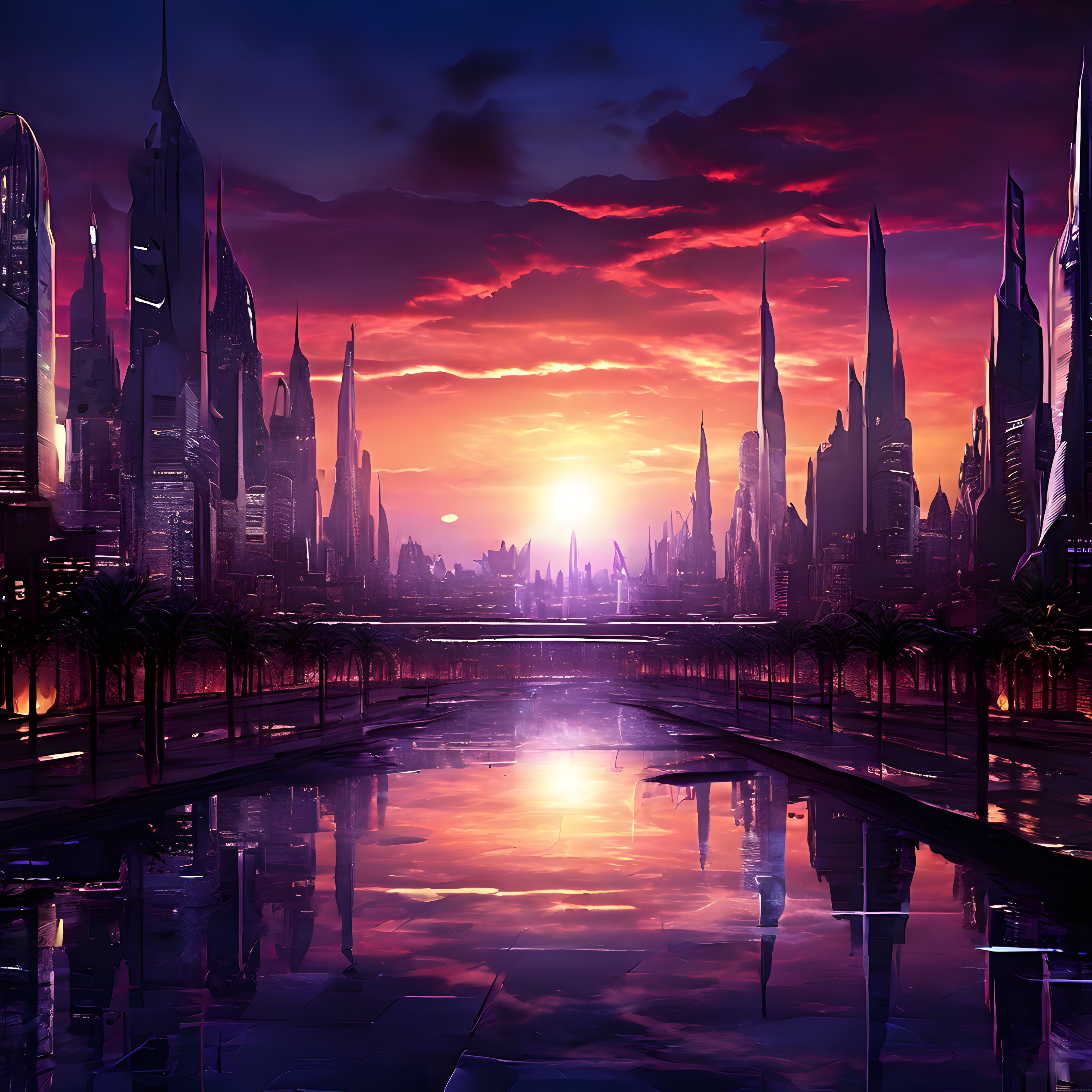 Cyberpunk Tarzı Gelecek Şehirde Gün Batımı, Yansıyan Yollar ve Gökdelenler