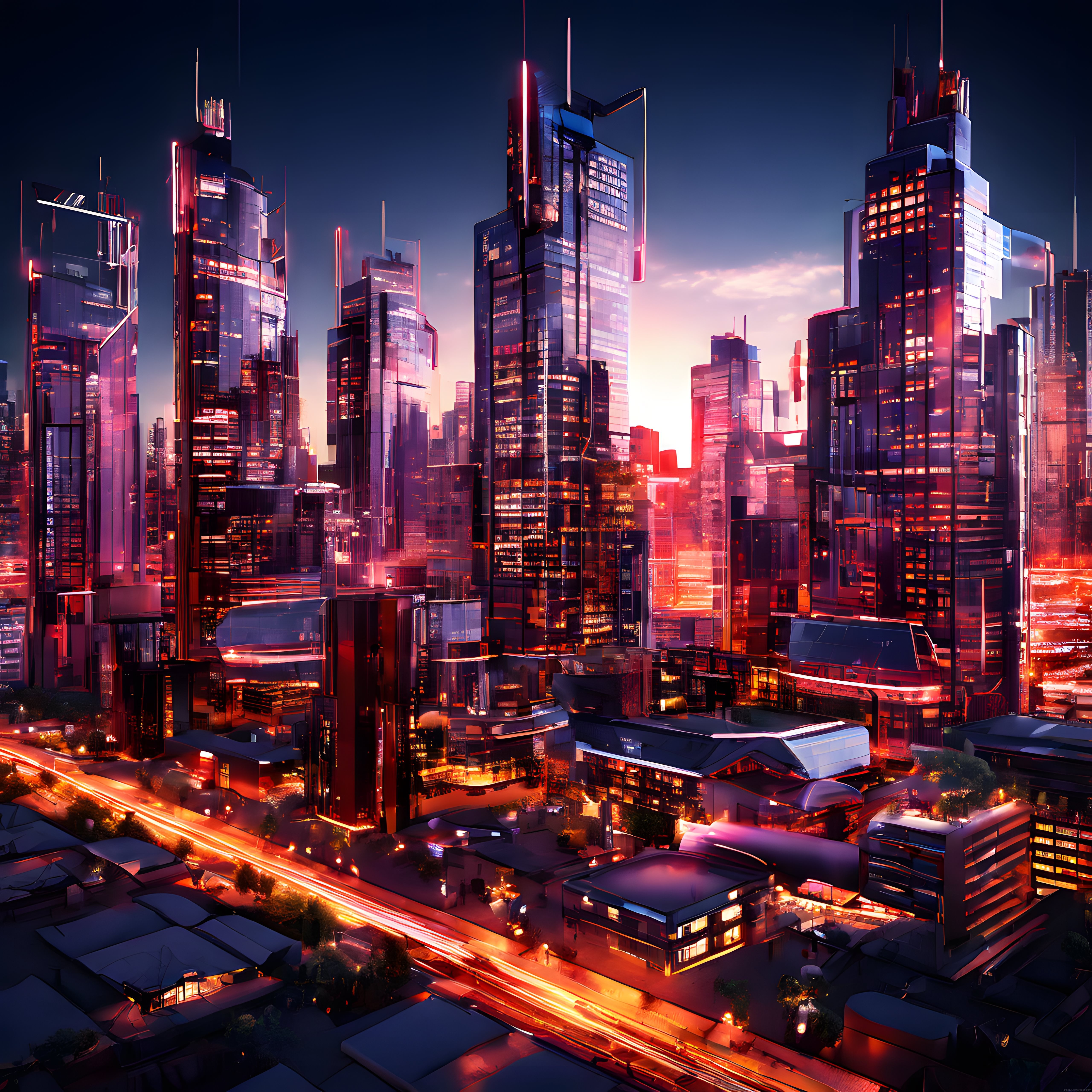 Cyberpunk Tarzı Gelecek Şehri: Alacakaranlıkta Yüksek Binalar ve Neon Işıklar