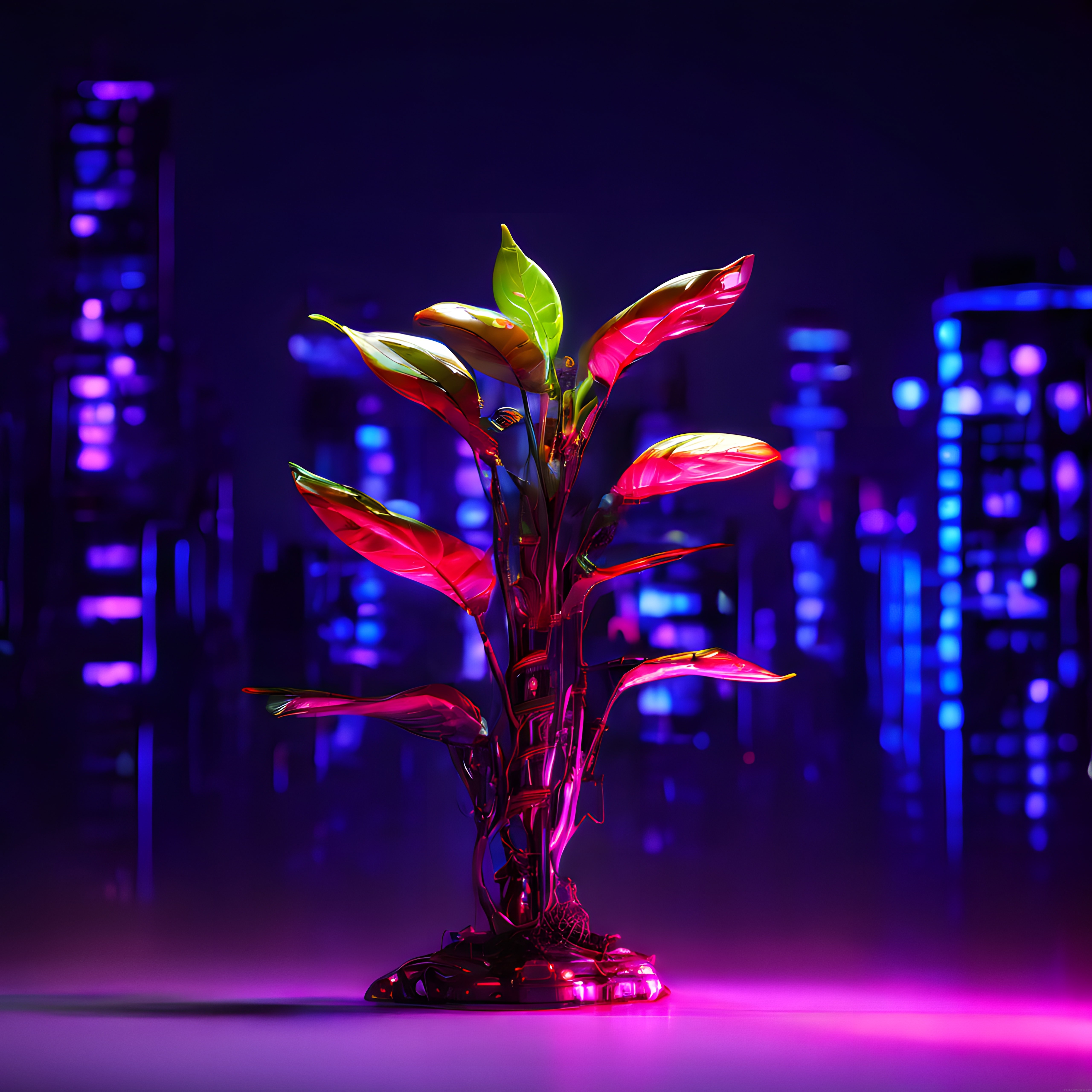 Cyberpunk tarzı neon bitki sanatı, gece şehir silueti arka planında