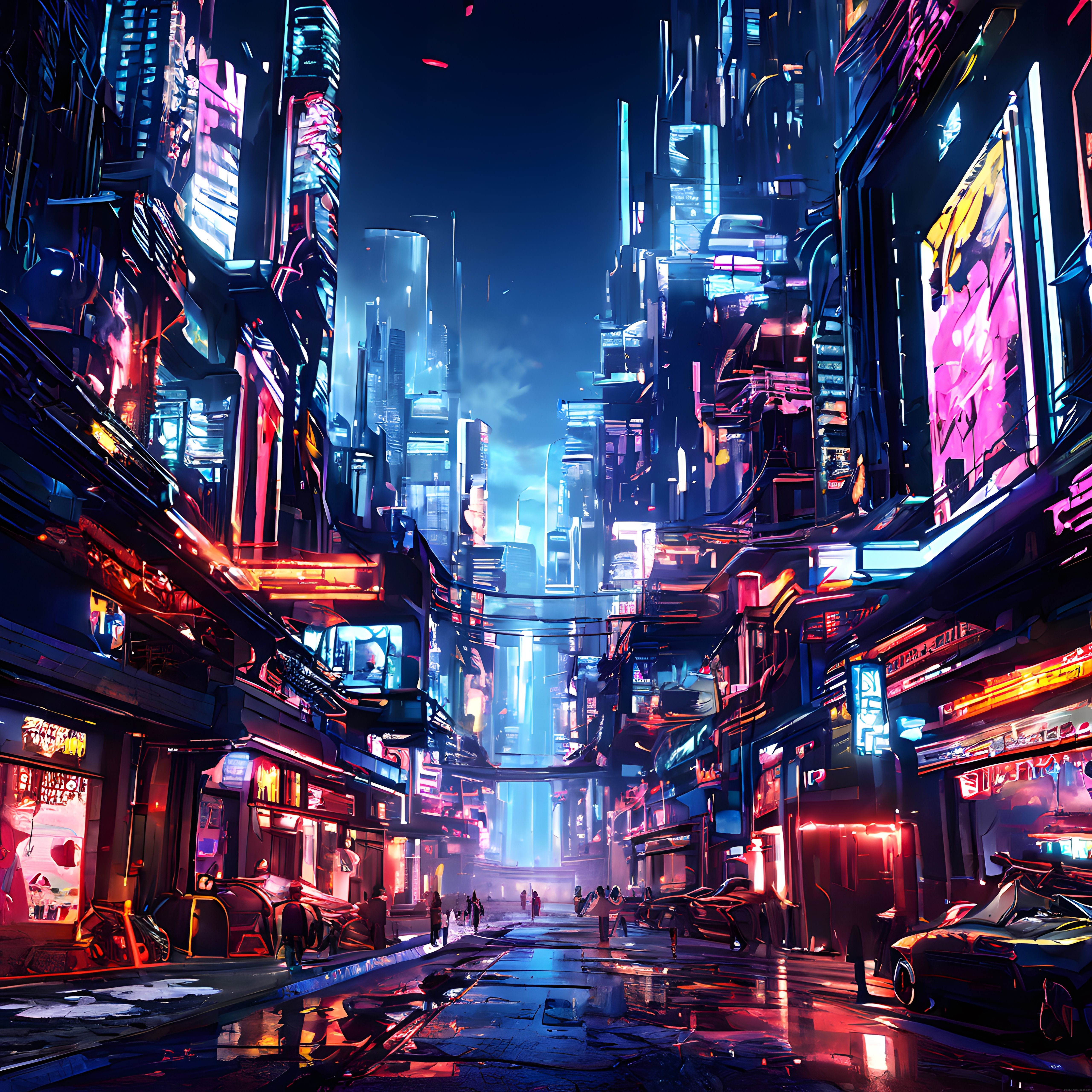 Cyberpunk tarzı neon ışıklı gelecek şehir manzarası ve ıslak sokak