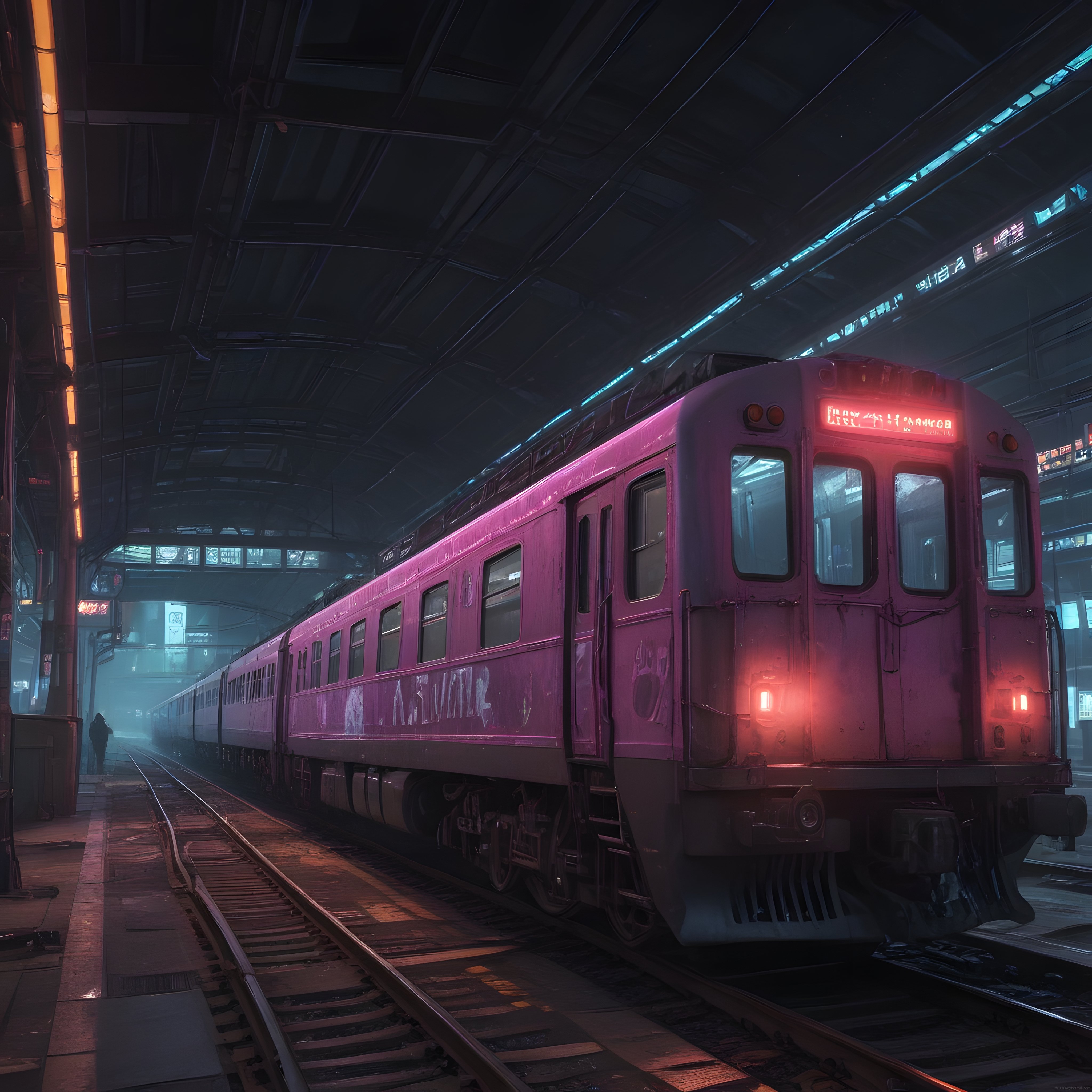 cyberpunk tarzı neon ışıklı gizemli bir tren istasyonu ve retro tren