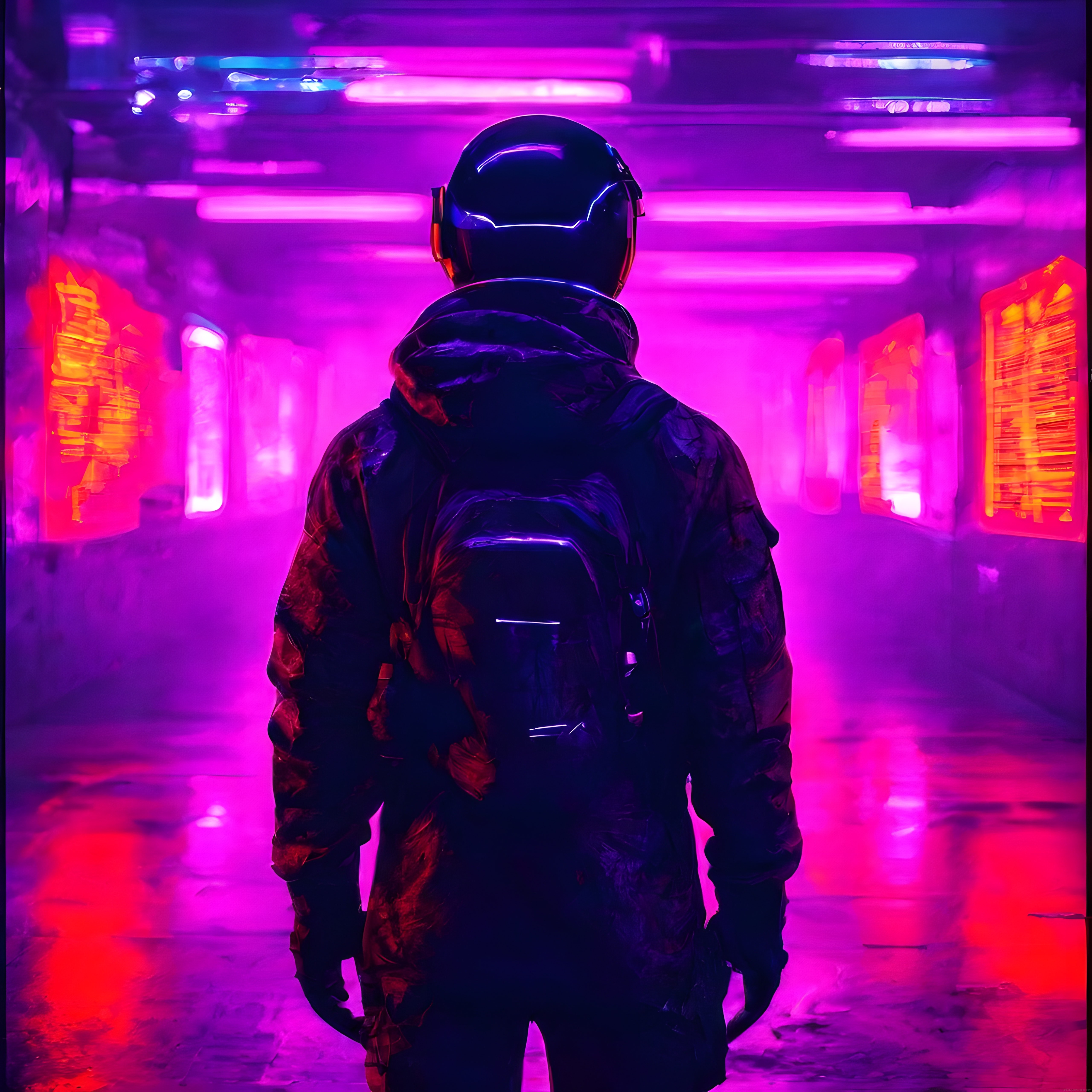 Cyberpunk Tarzı Neon Koridorda Kasklı ve Sırt Çantalı Gizemli Figür