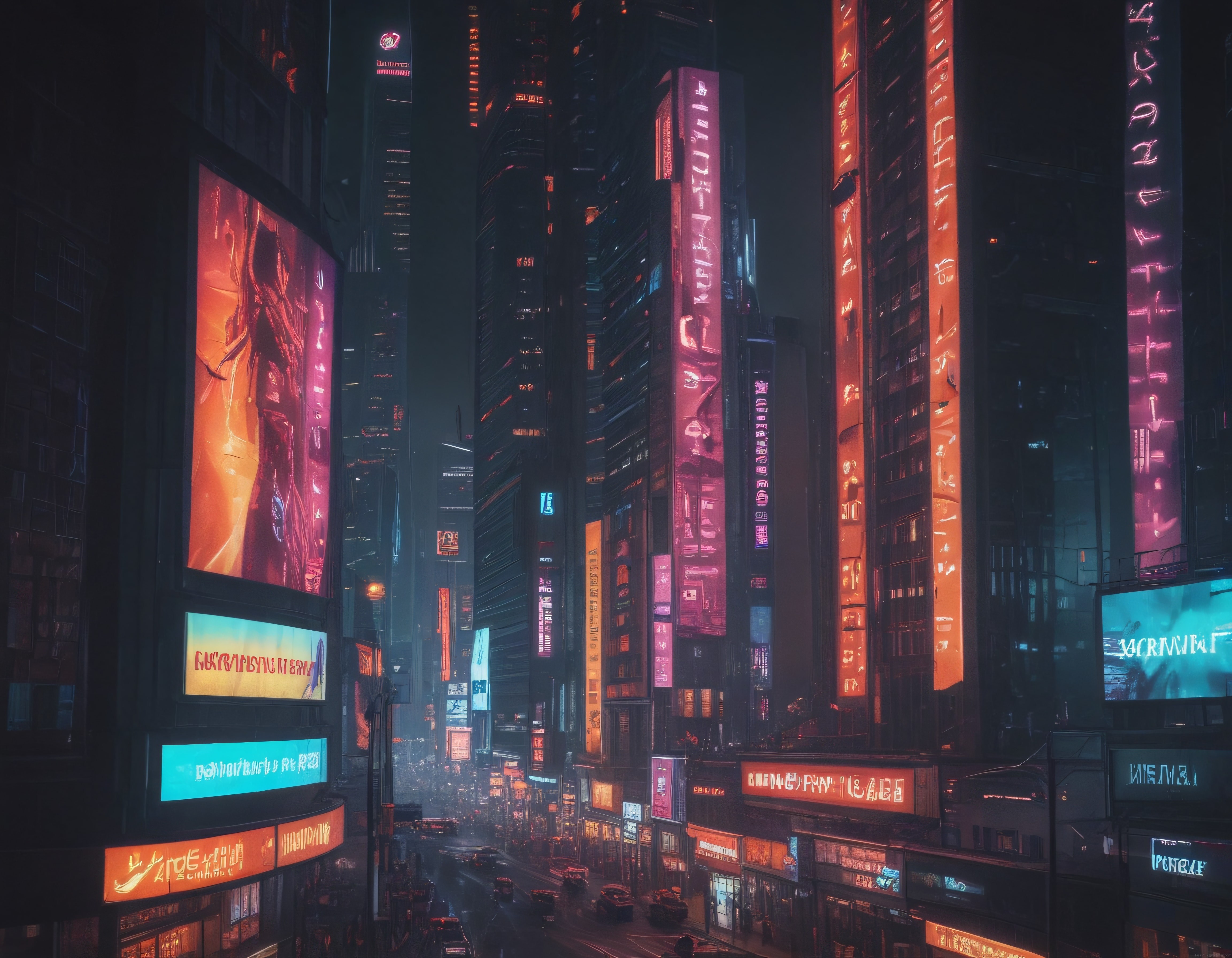 Cyberpunk Tarzı Neon Şehir ve Geleceğin Gökdelenleri Gece Manzarası