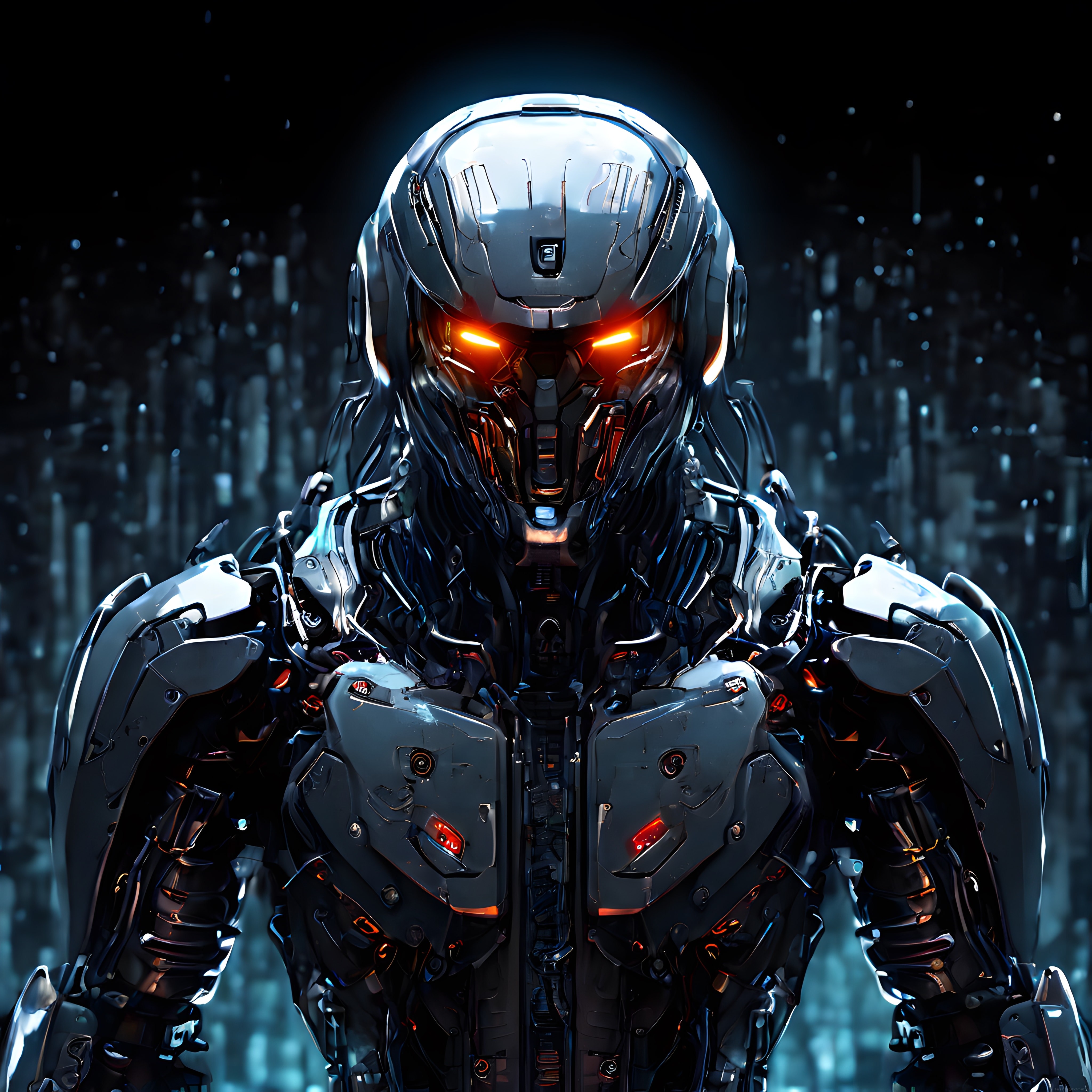 Cyberpunk Tarzı Parlak Turuncu Gözlü İleri Teknoloji Robot Portresi