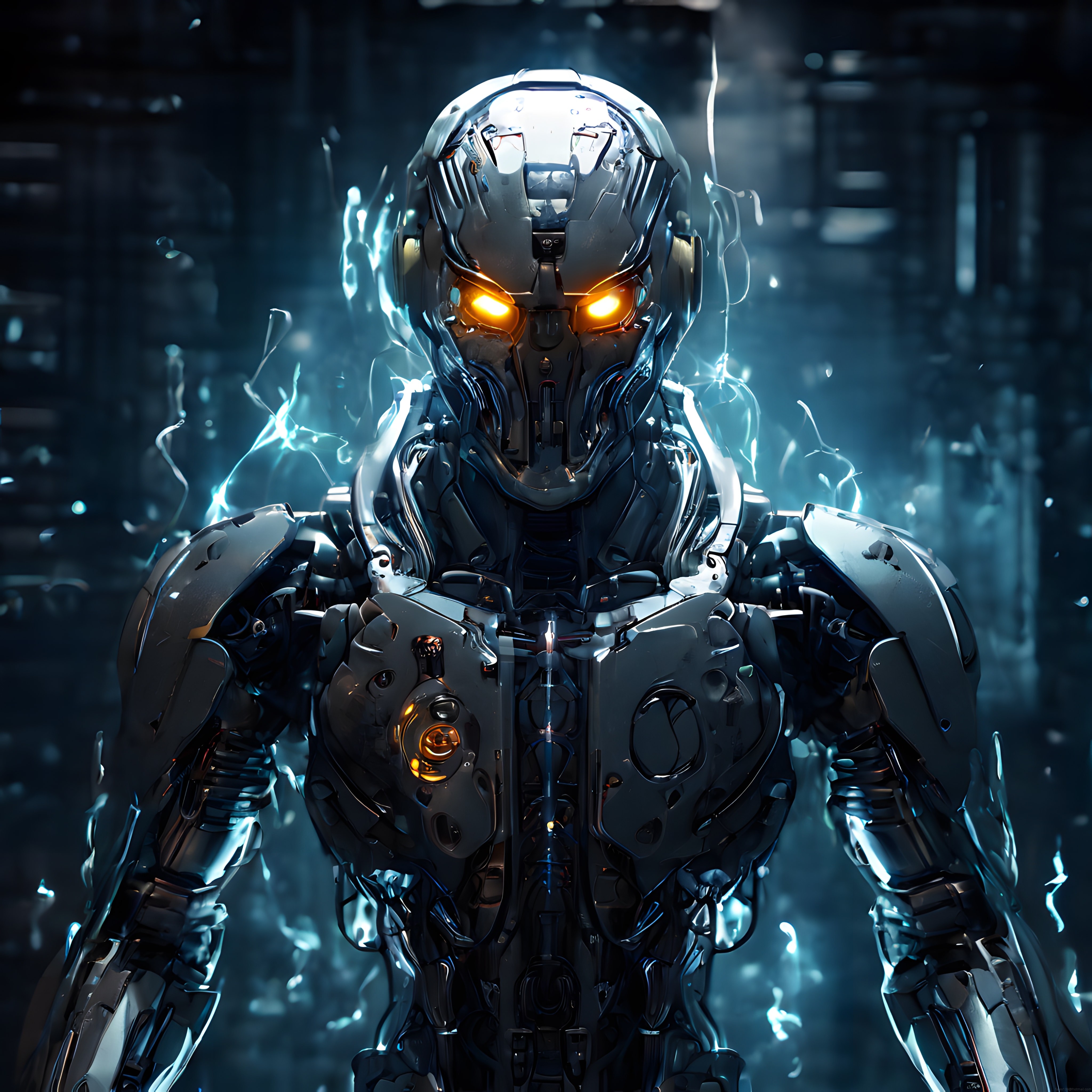 cyberpunk tarzı turuncu gözlü zırhlı robot portresi ve mavi elektrik enerjisi