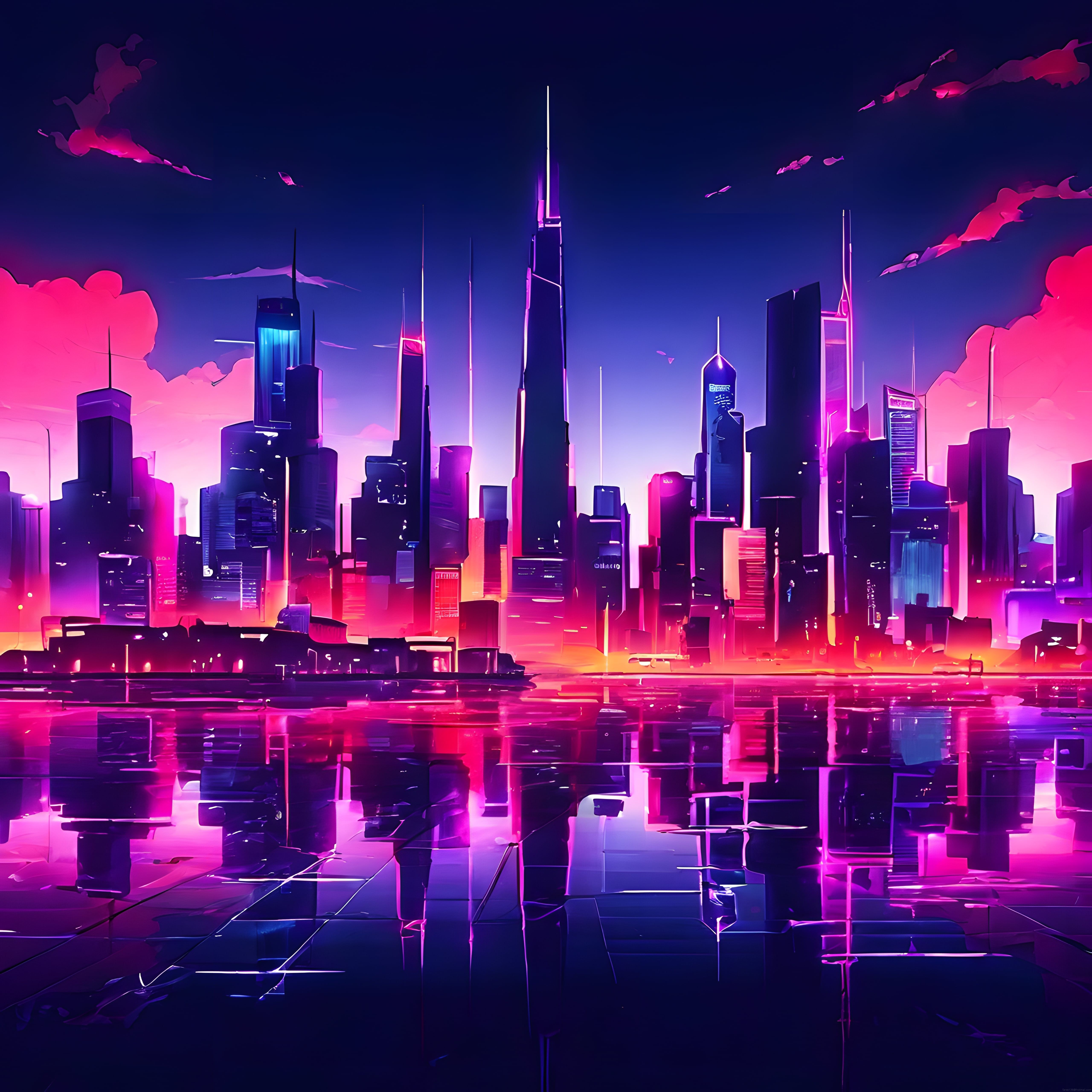 Cyberpunk Tarzında Gece Şehir Manzarası ve Renkli Neon Yansımalar