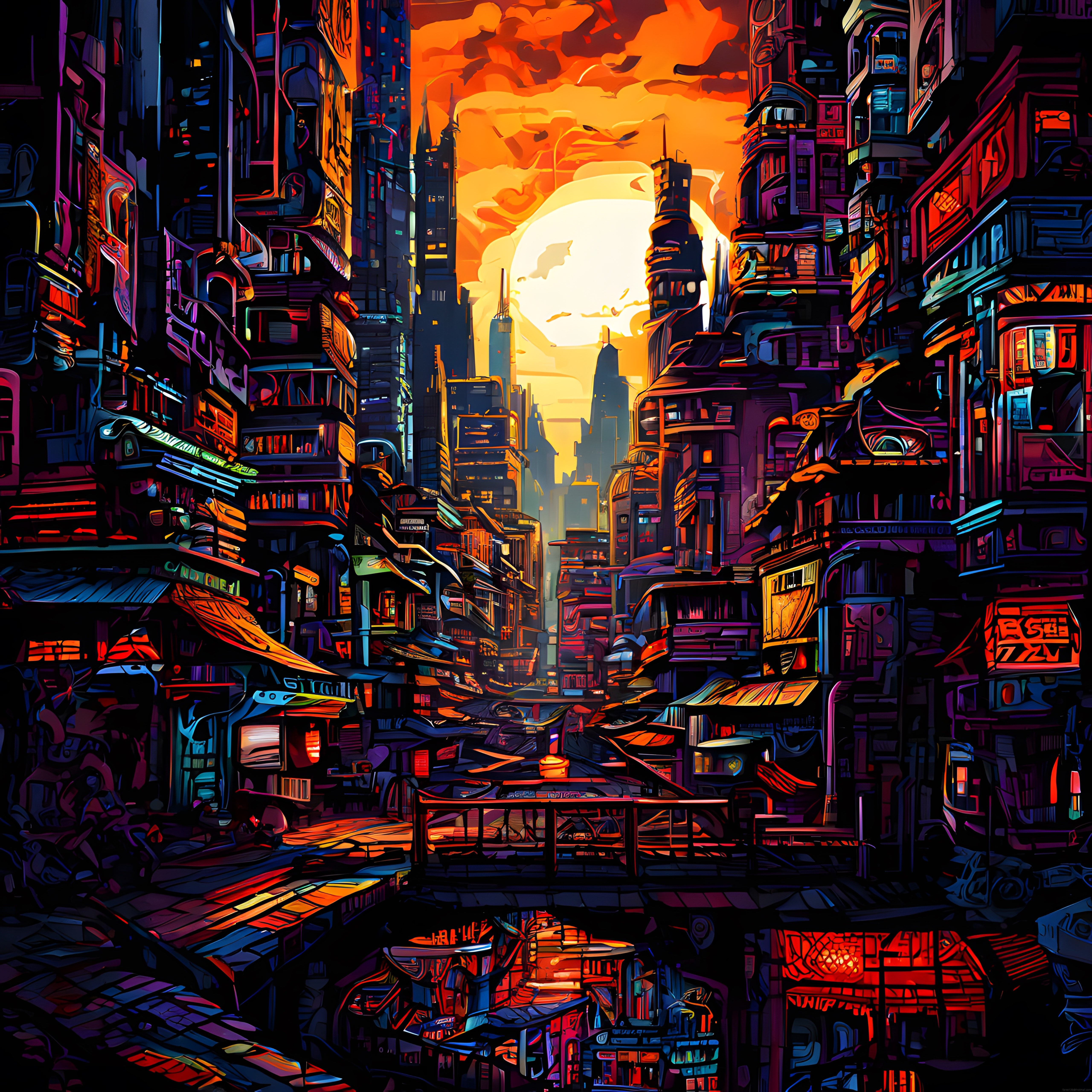 Cyberpunk Tarzında Geleceğin Metropolünde Büyüleyici Gün Batımı Manzarası