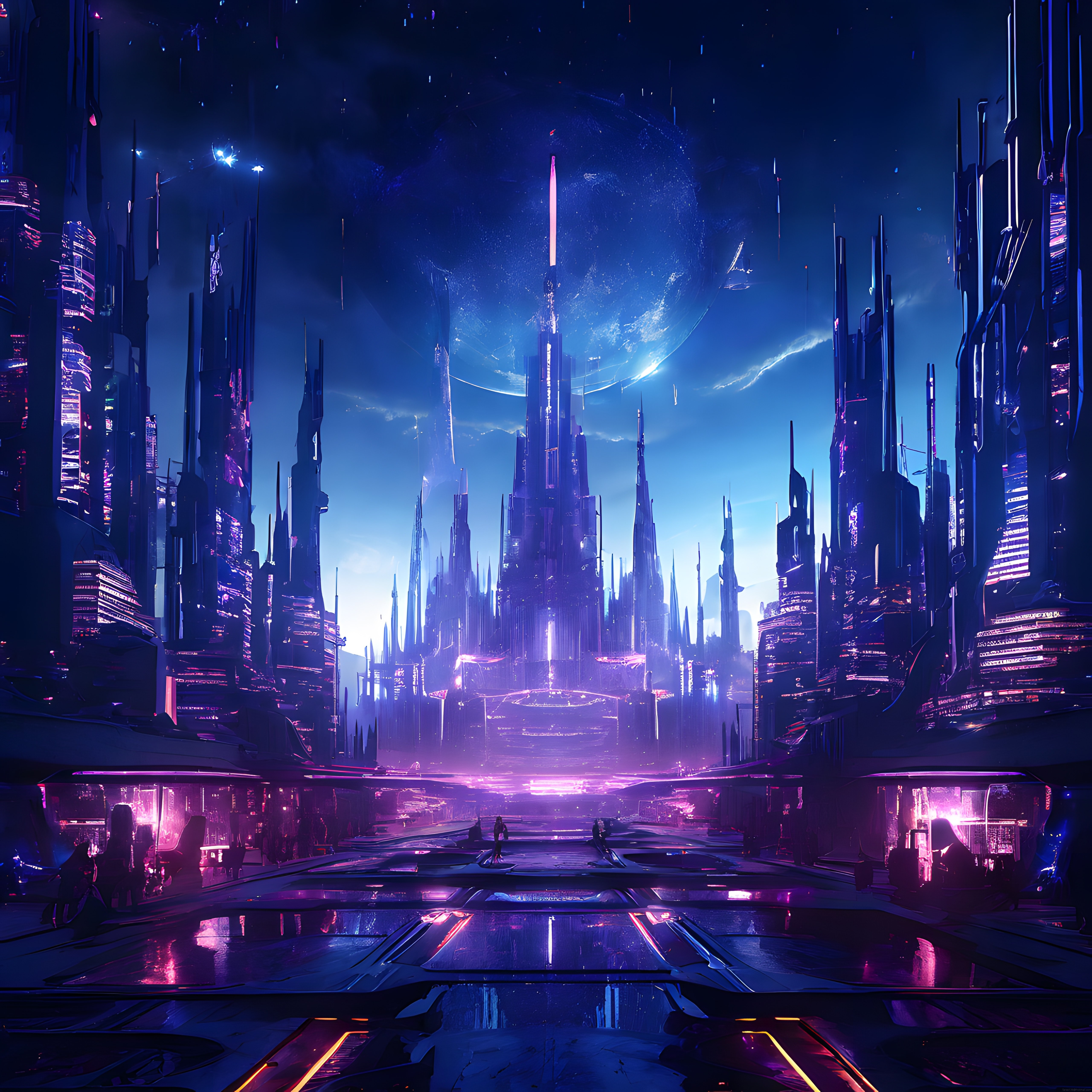 Cyberpunk Tarzında Geleceğin Neon Işıklı Metropol Şehir Manzarası