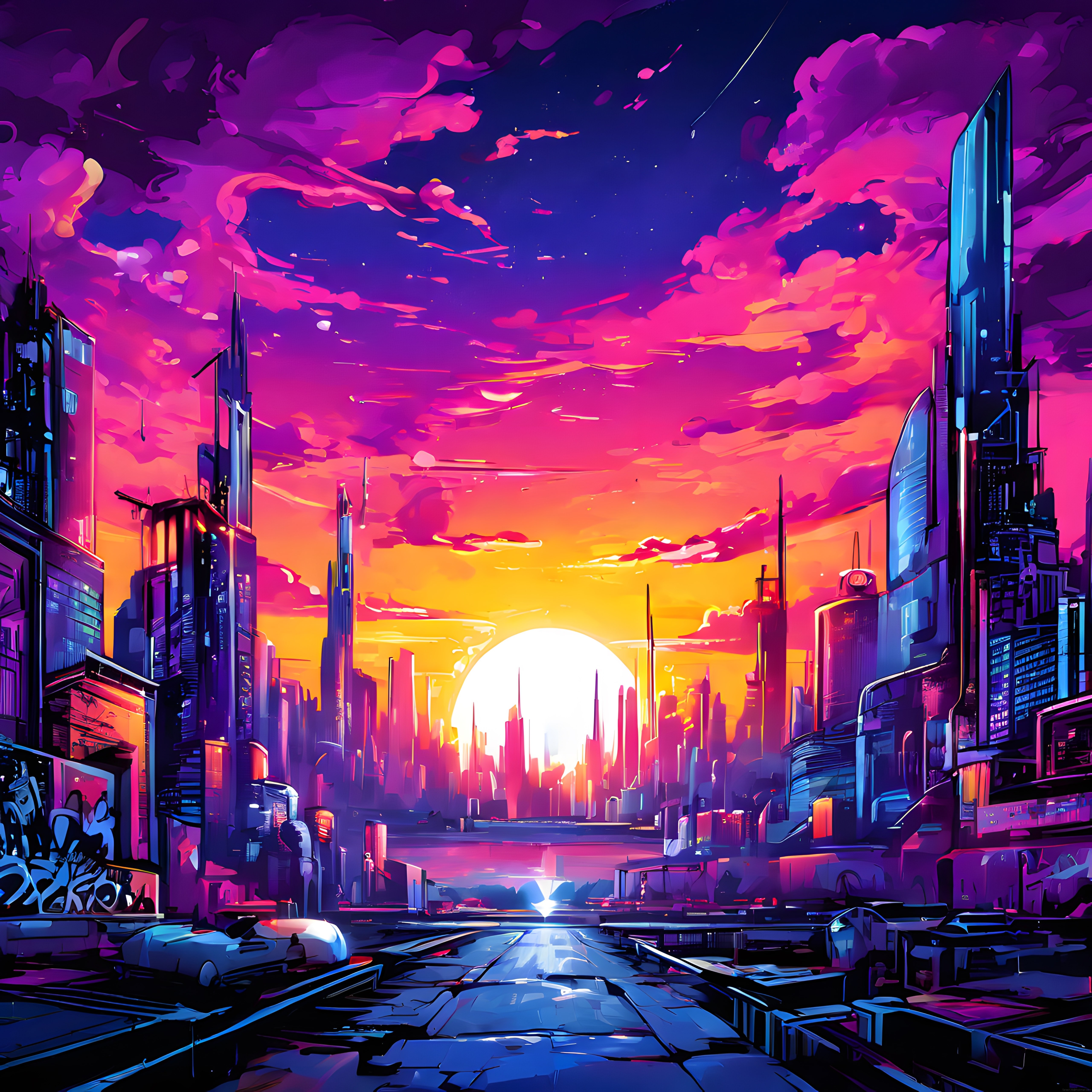 Cyberpunk Tarzında Geleceğin Neon Işıklı Şehir Manzarası ve Gün Batımı
