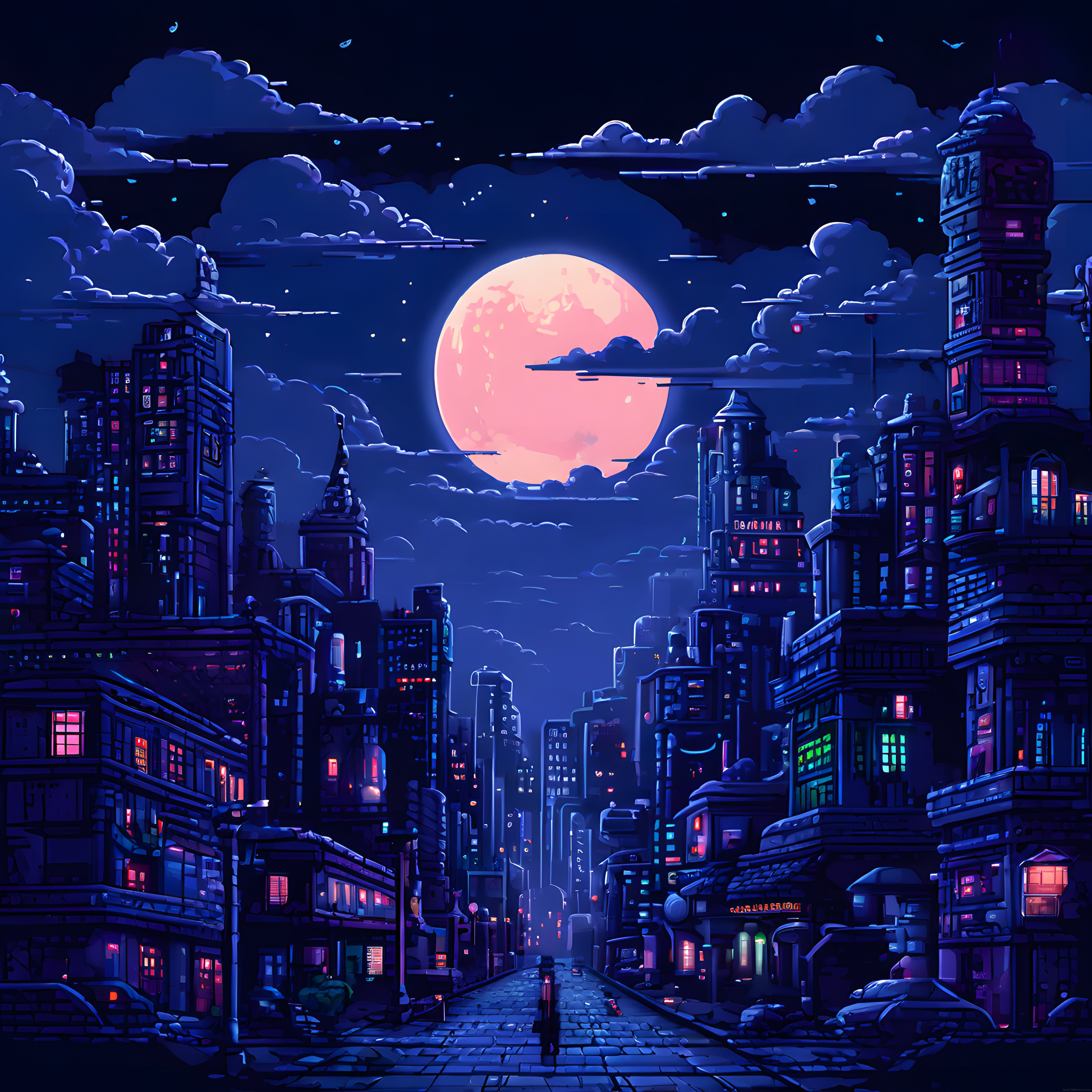 Cyberpunk Tarzında Gizemli Bir Gece Şehri ve Dev Ay Manzarası