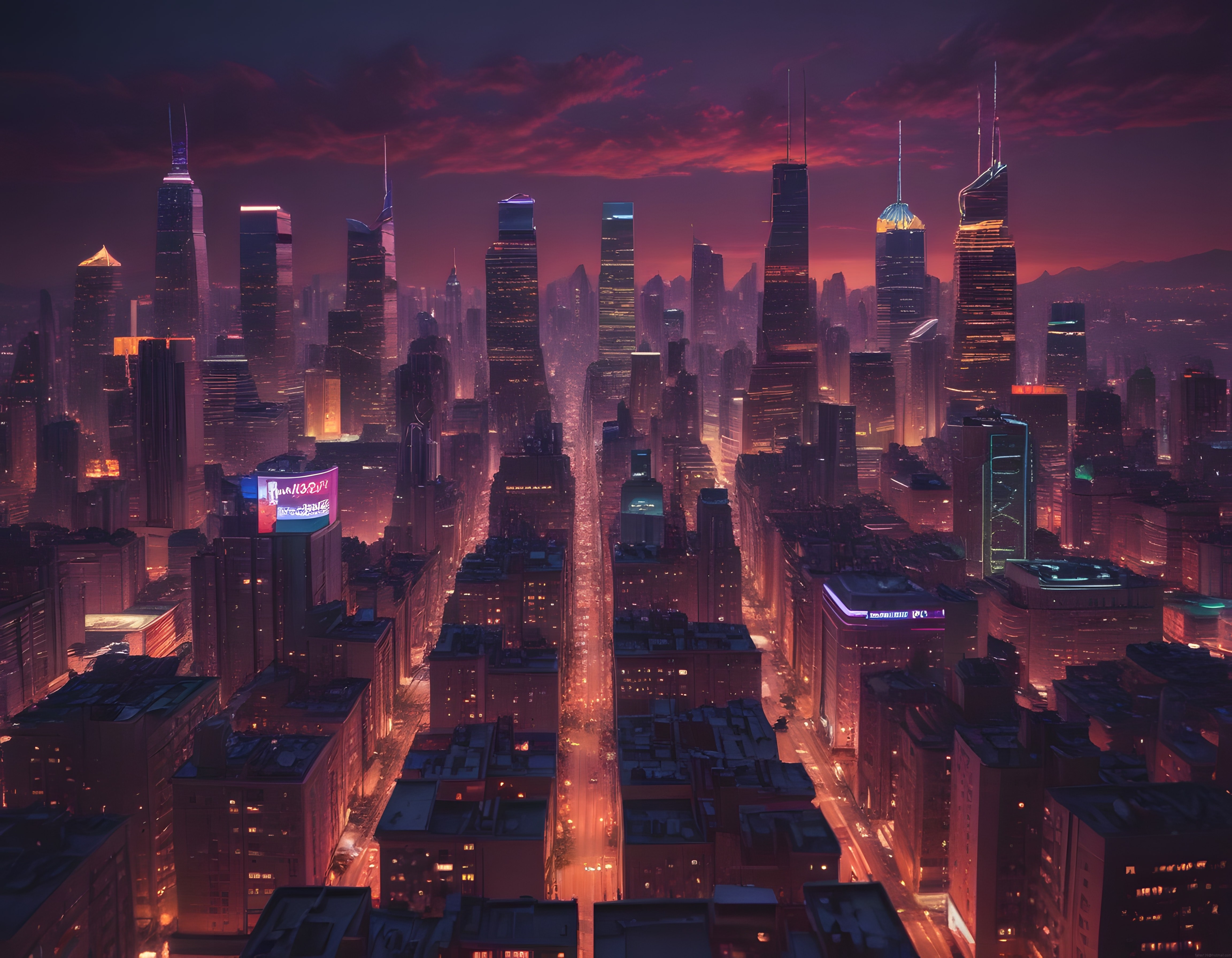 Cyberpunk Tarzında Gökdelenlerle Dolu Neon Işıklı Büyük Şehir Gece Manzarası