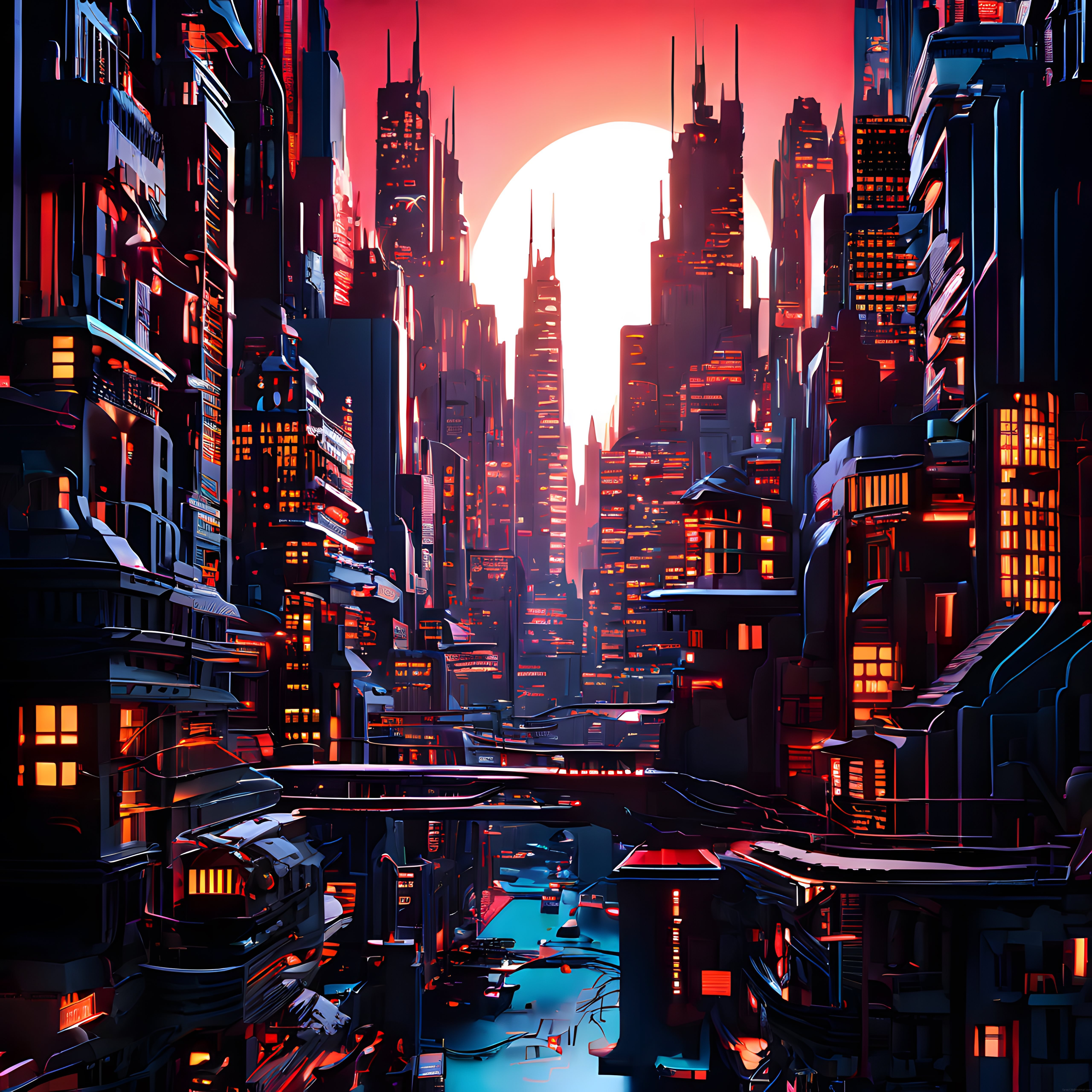 Cyberpunk tarzında gün batımında neon ışıklı geleceğin şehir manzarası